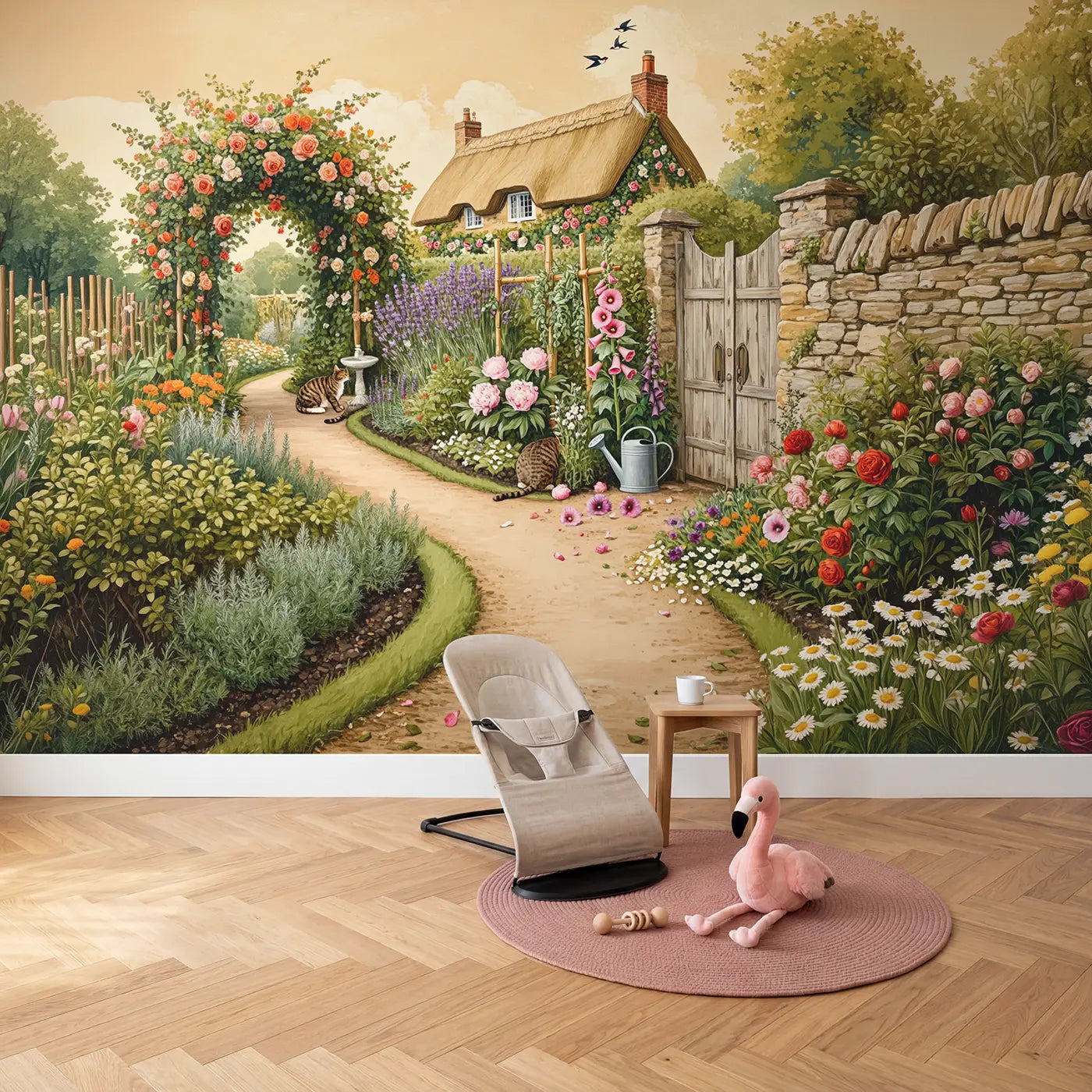 Cottage Garden Path Wallpaper Mural in playroom setting by Whimsy Tots