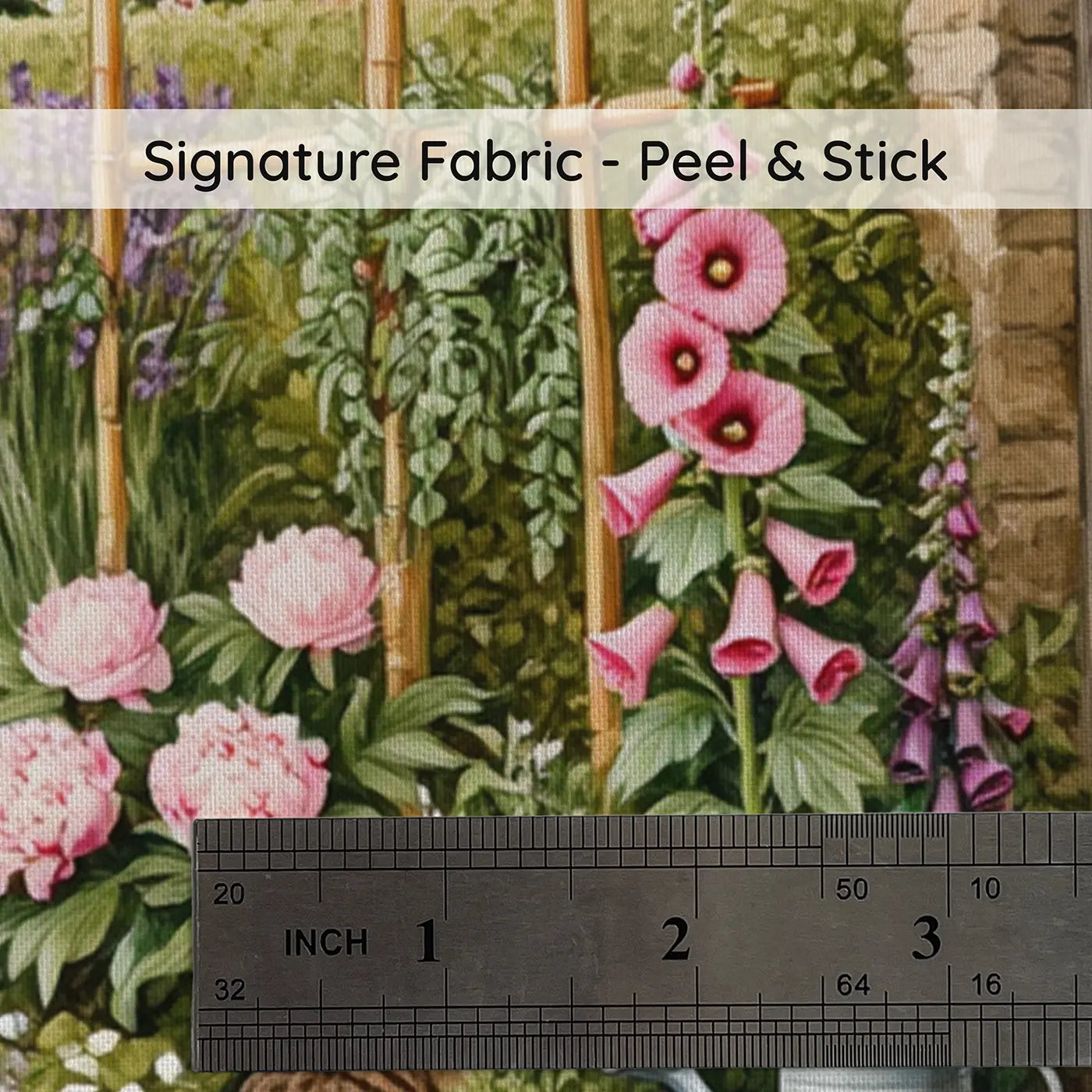 Fabric texture close-up of Cottage Garden Path Wallpaper Mural by Whimsy Tots