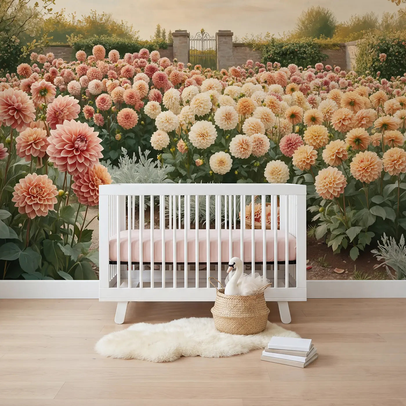 soft pastel giant dahlia garden display flowers wallpaper mural for nursery by Whimsy Tots