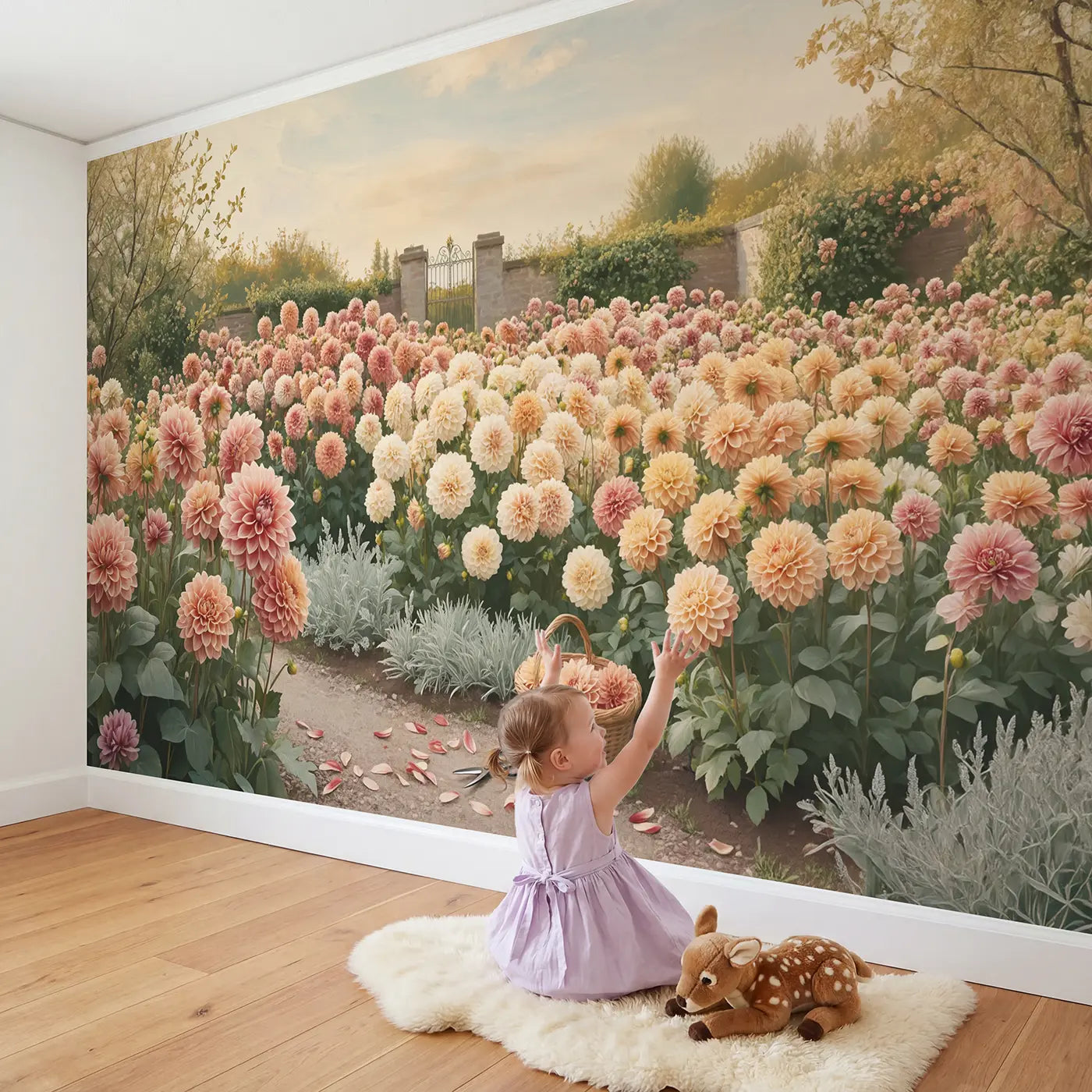 Child in nursery with Giant Dahlia Garden Display Wallpaper Mural by Whimsy Tots