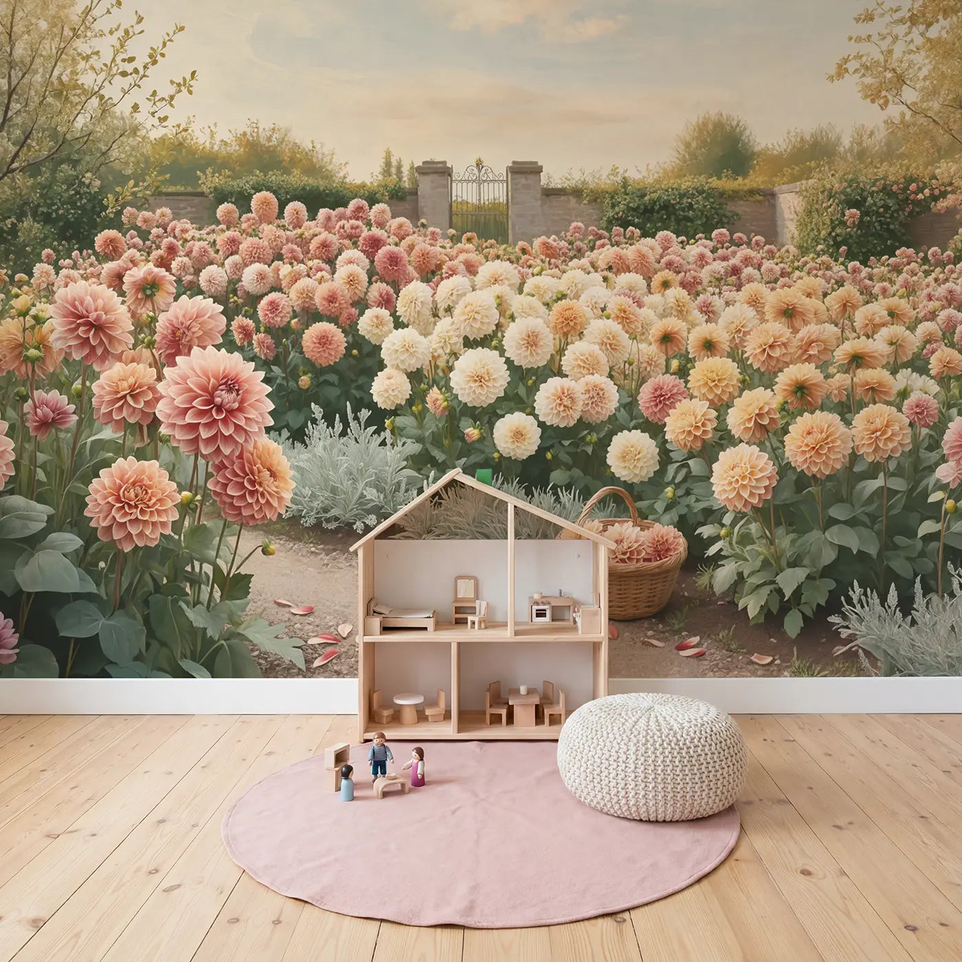 Giant Dahlia Garden Display Wallpaper Mural in playroom setting by Whimsy Tots