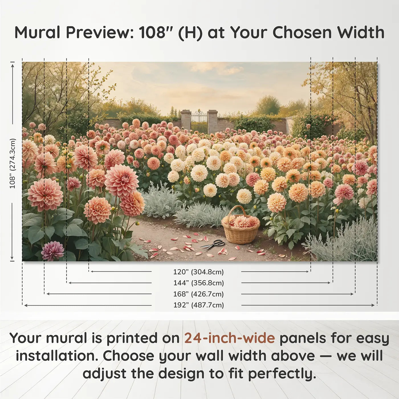 Panel layout and dimensions for Giant Dahlia Garden Display Wallpaper Mural by Whimsy Tots
