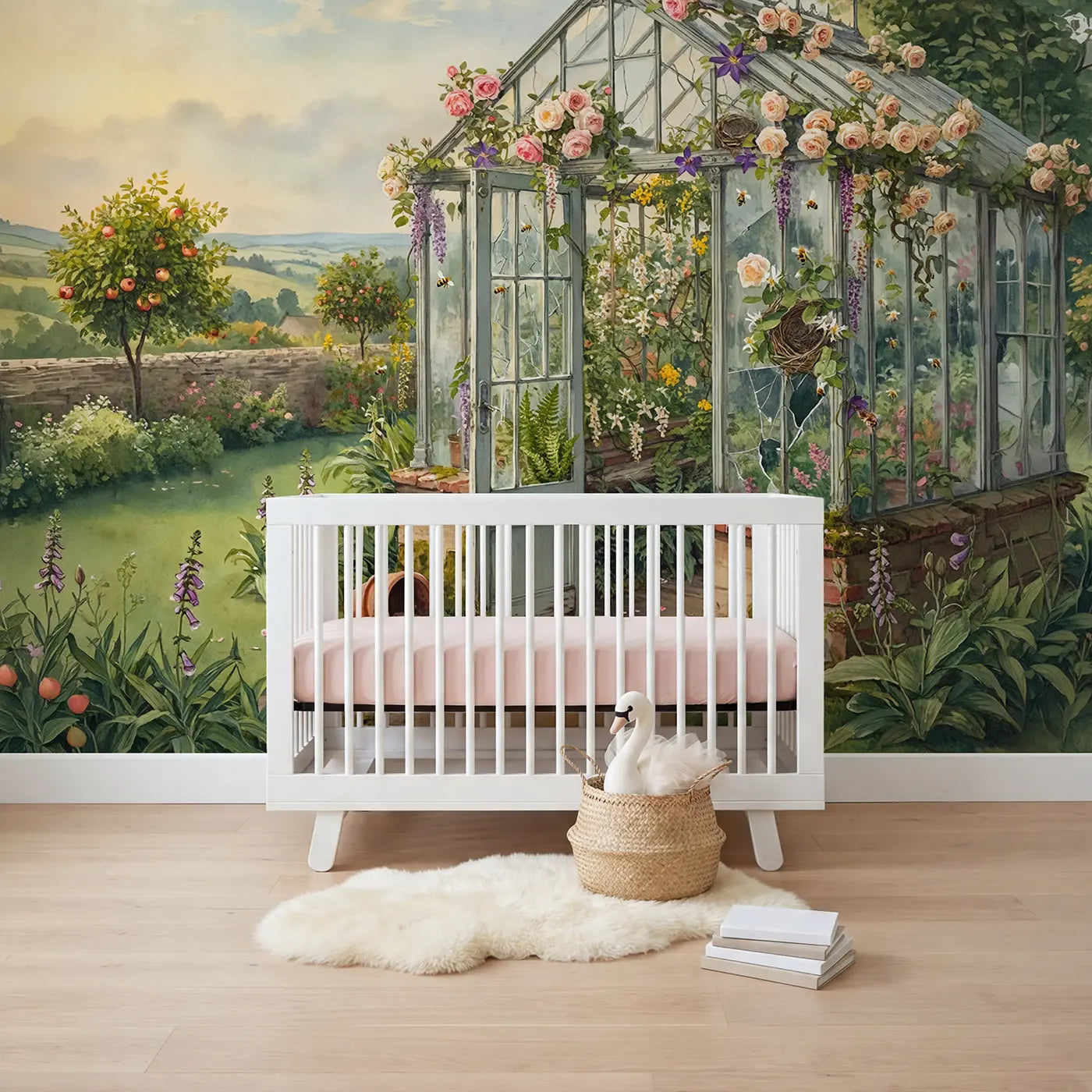 Watercolor vintage greenhouse climbing roses wallpaper mural for nursery by Whimsy Tots