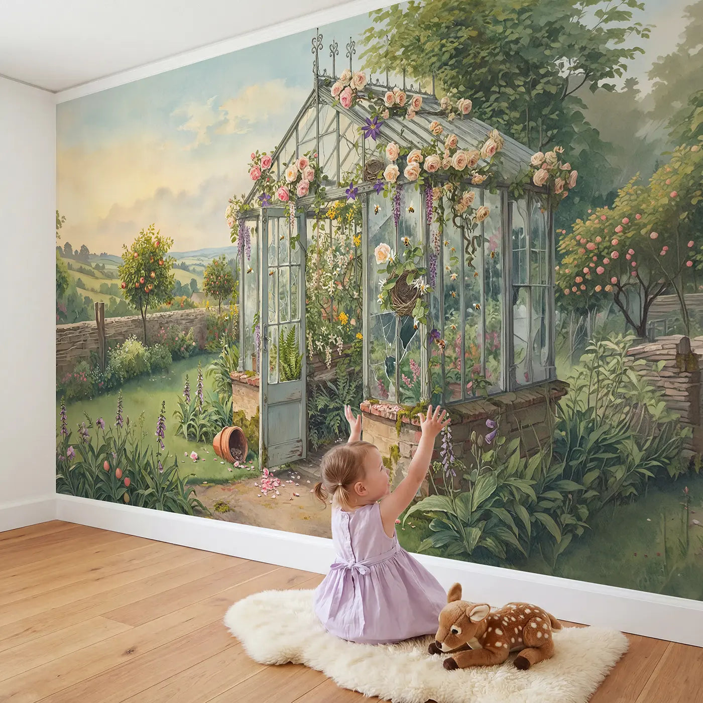 Child in nursery with Vintage Greenhouse Climbing Roses Wallpaper Mural by Whimsy Tots