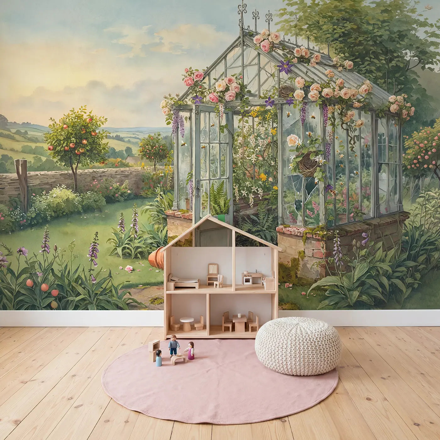 Vintage Greenhouse Climbing Roses Wallpaper Mural in playroom setting by Whimsy Tots