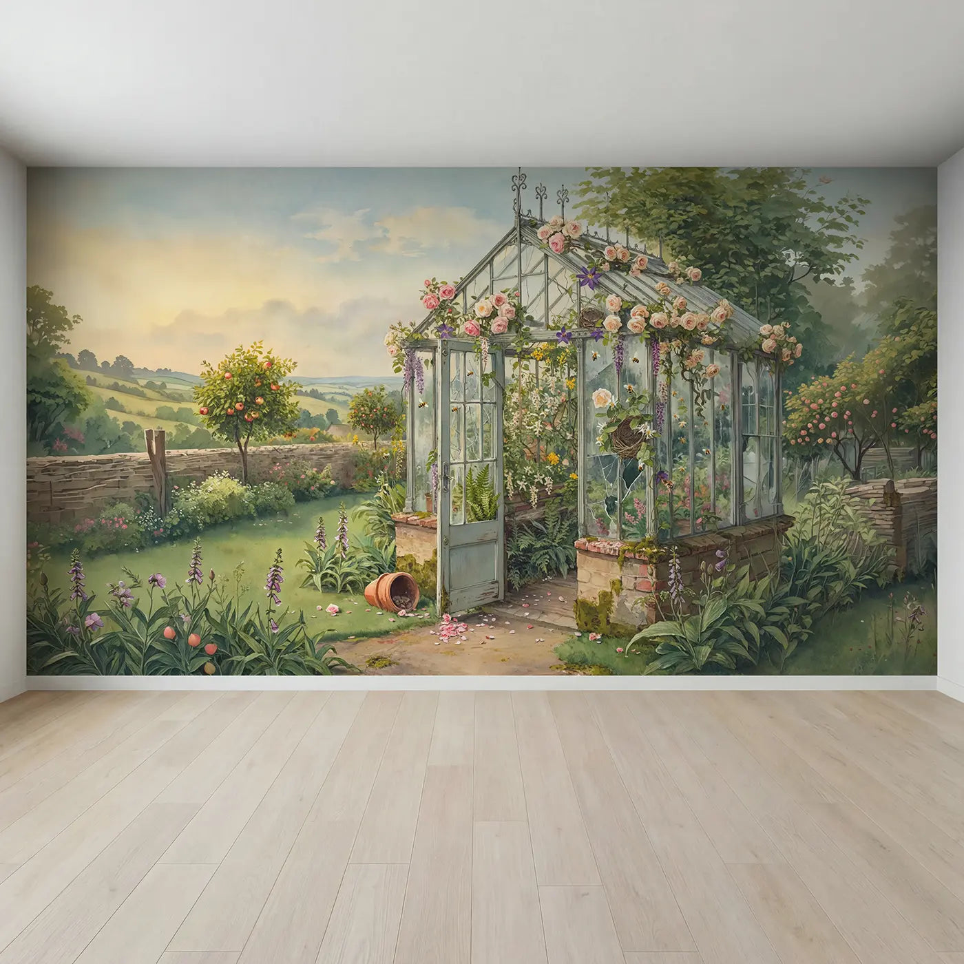 Full view of Vintage Greenhouse Climbing Roses Wallpaper Mural by Whimsy Tots