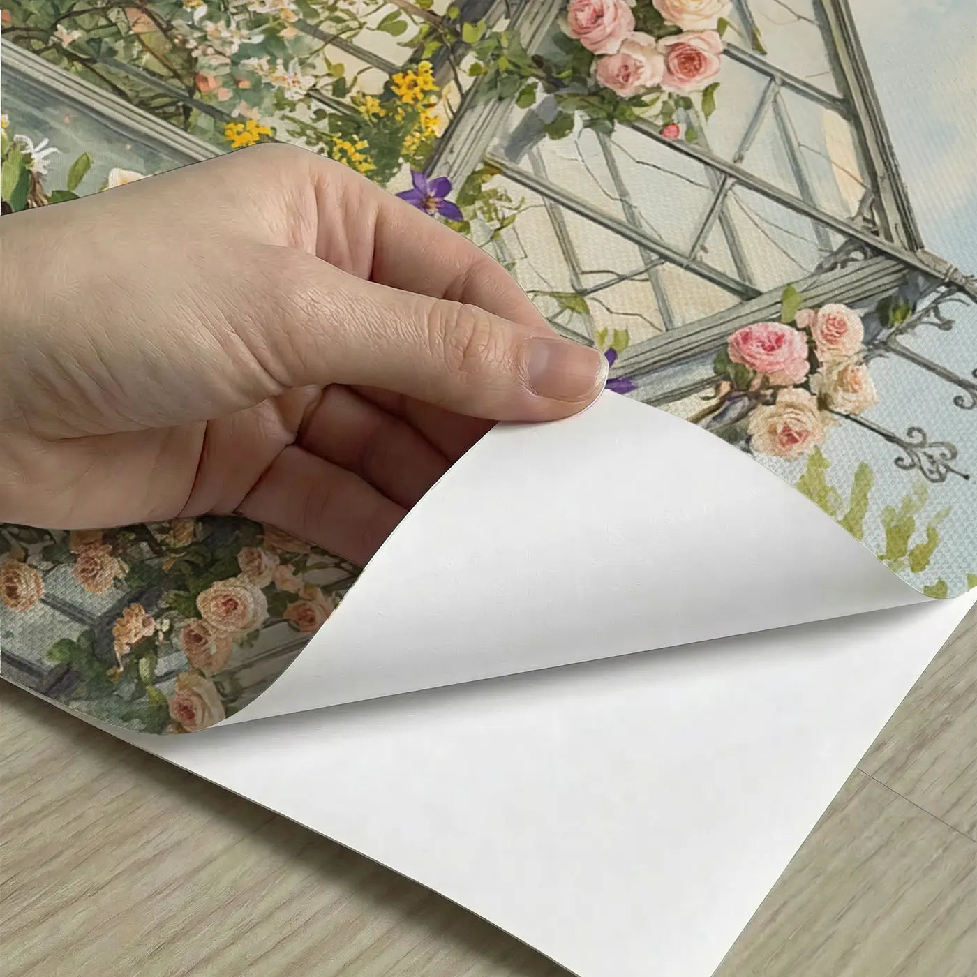 Peel-and-stick detail of Vintage Greenhouse Climbing Roses Wallpaper Mural by Whimsy Tots