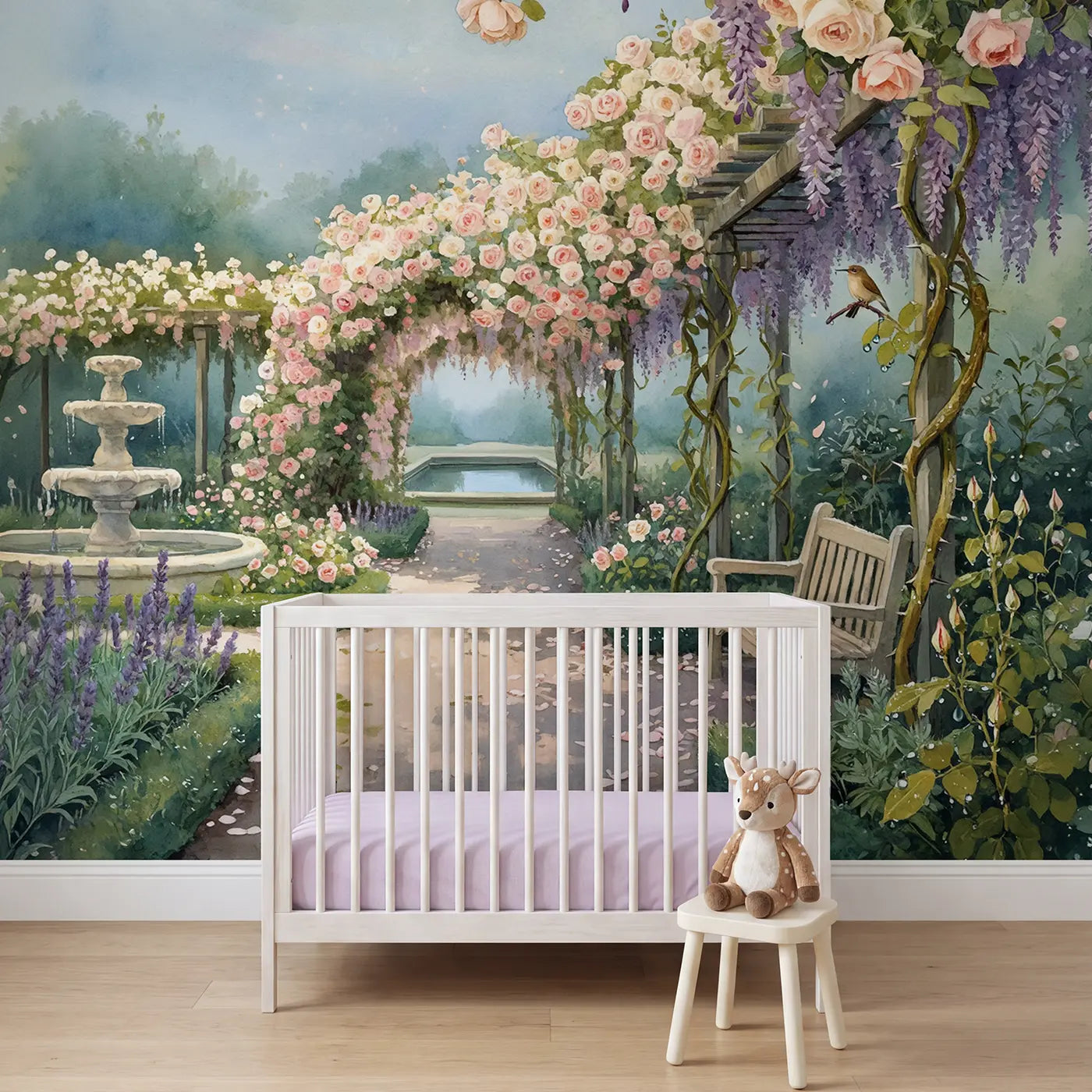 watercolor rose arbor garden path flowers wallpaper mural for kids room by Whimsy Tots