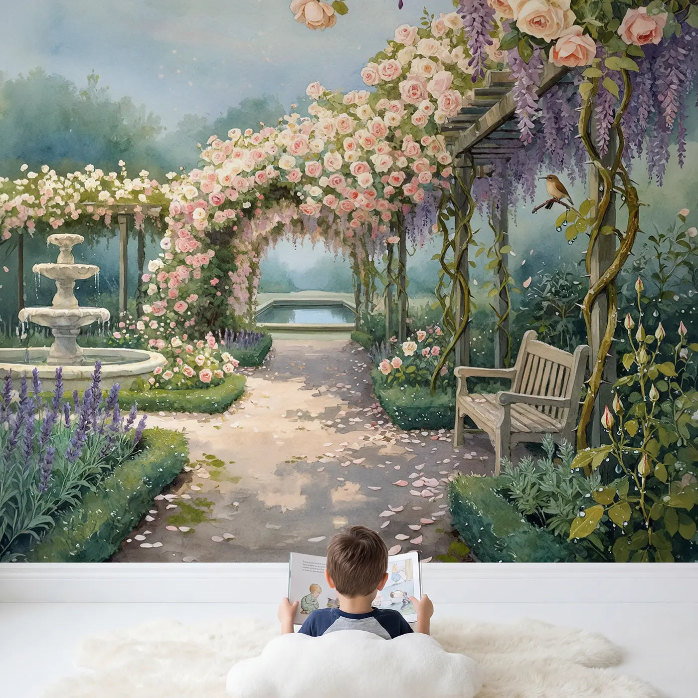Child in nursery with Rose Arbor Garden Walk Wallpaper Mural by Whimsy Tots