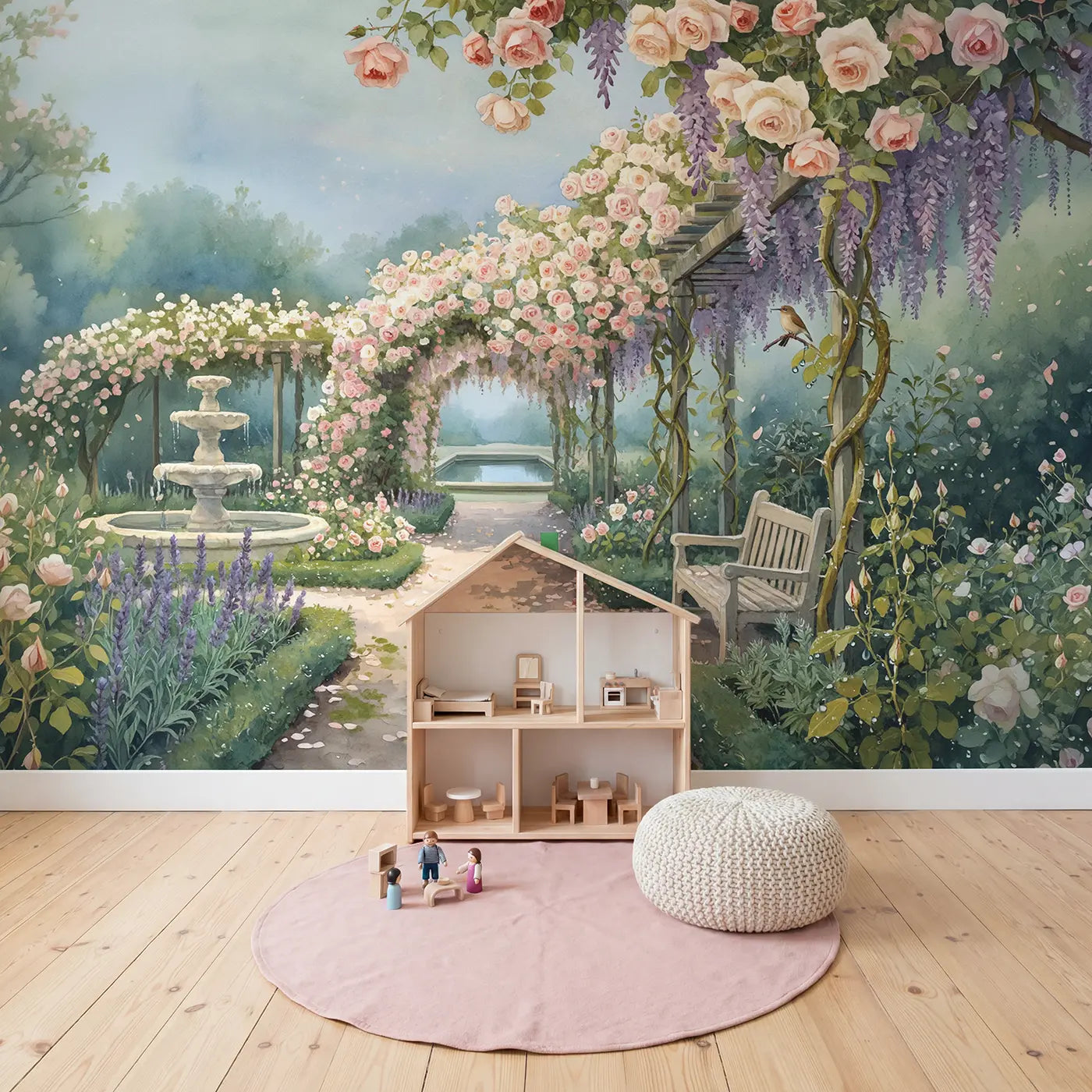 Rose Arbor Garden Walk Wallpaper Mural in playroom setting by Whimsy Tots