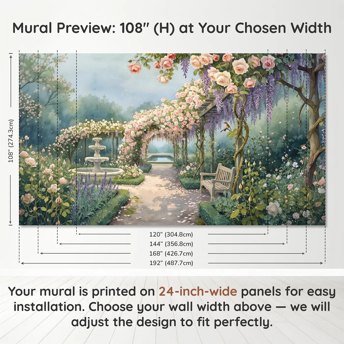 Panel layout and dimensions for Rose Arbor Garden Walk Wallpaper Mural by Whimsy Tots