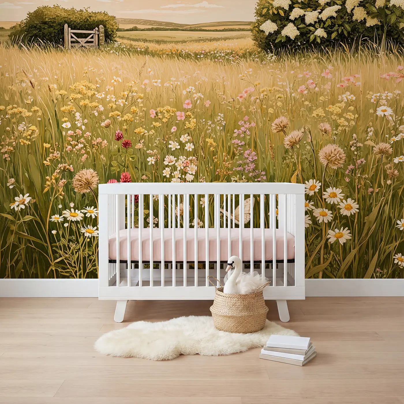 Block print wildflower floral meadow wallpaper mural for nursery by Whimsy Tots