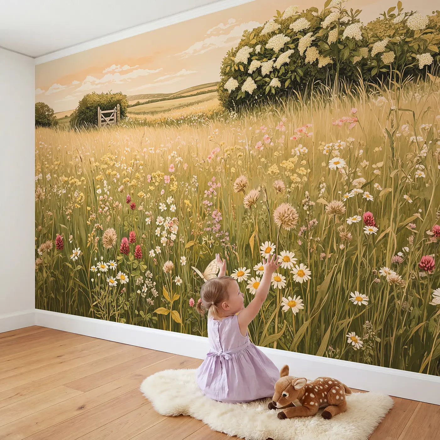 Child in nursery with Summer Hay Meadow Bloom Wallpaper Mural by Whimsy Tots