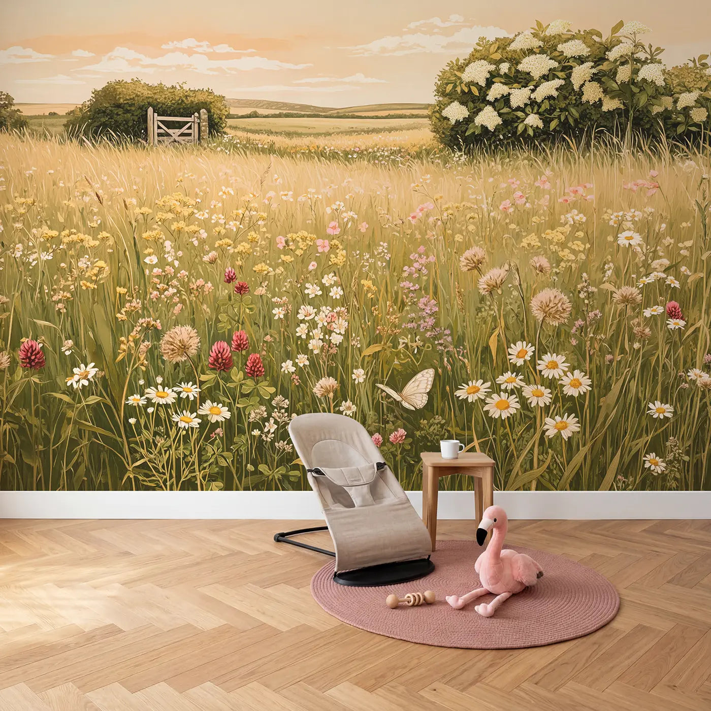 Summer Hay Meadow Bloom Wallpaper Mural in playroom setting by Whimsy Tots