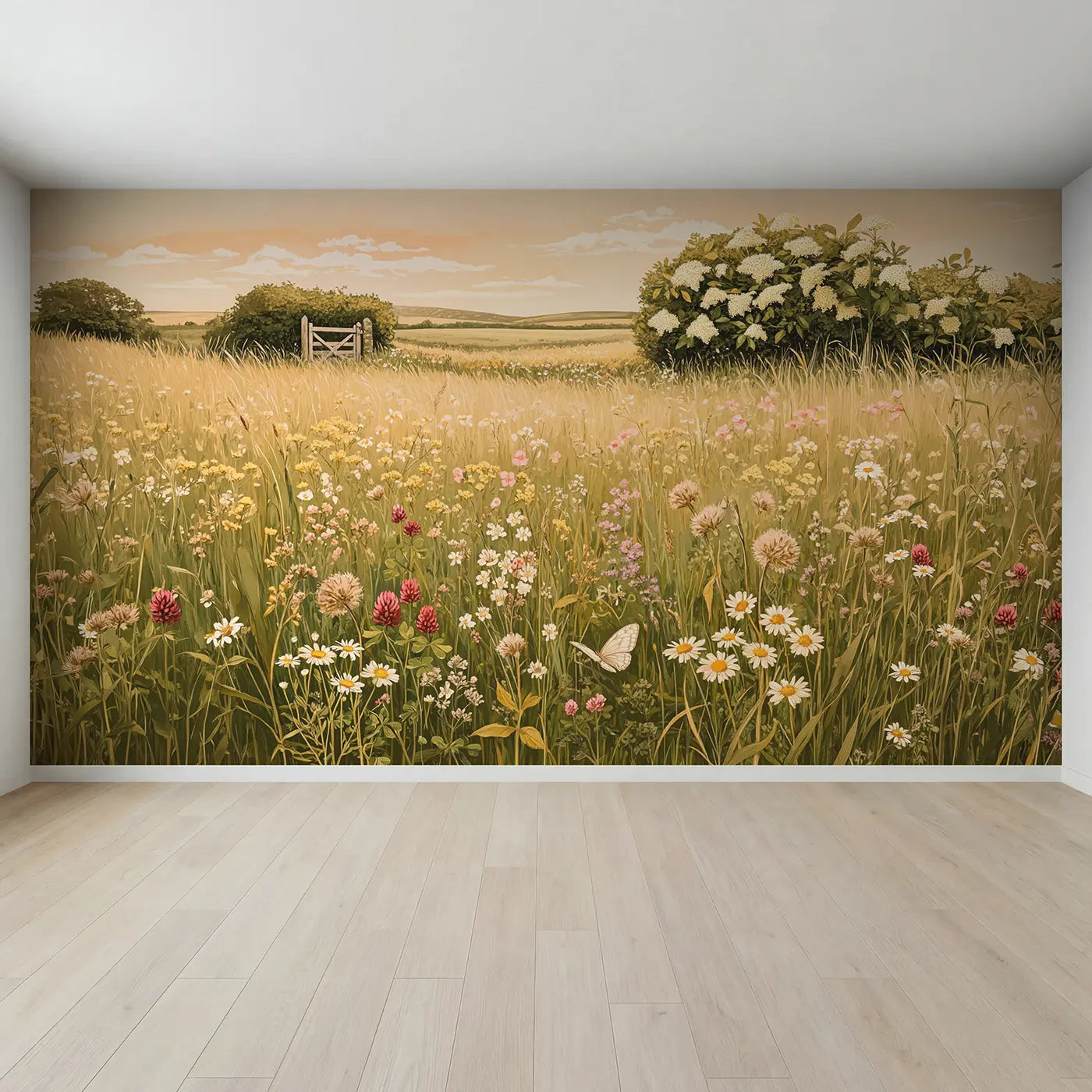 Full view of Summer Hay Meadow Bloom Wallpaper Mural by Whimsy Tots