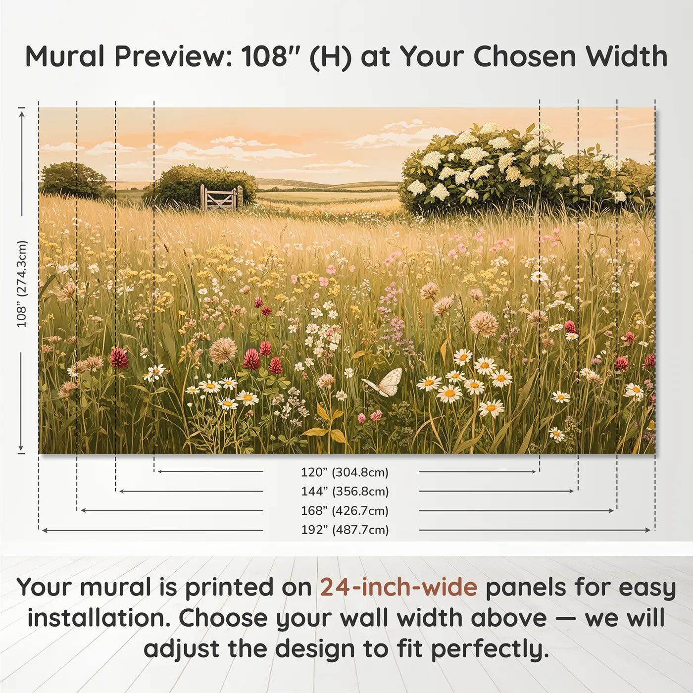Panel layout and dimensions for Summer Hay Meadow Bloom Wallpaper Mural by Whimsy Tots