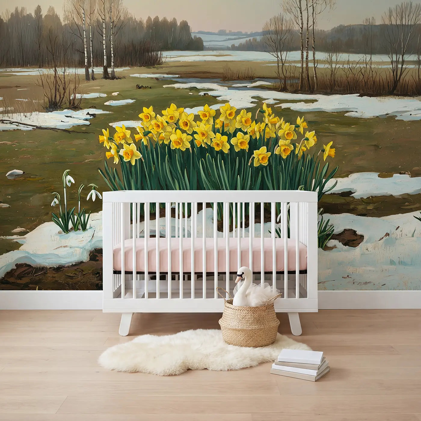 Painted landscape daffodils emerging through snow wallpaper mural for kids room by Whimsy Tots