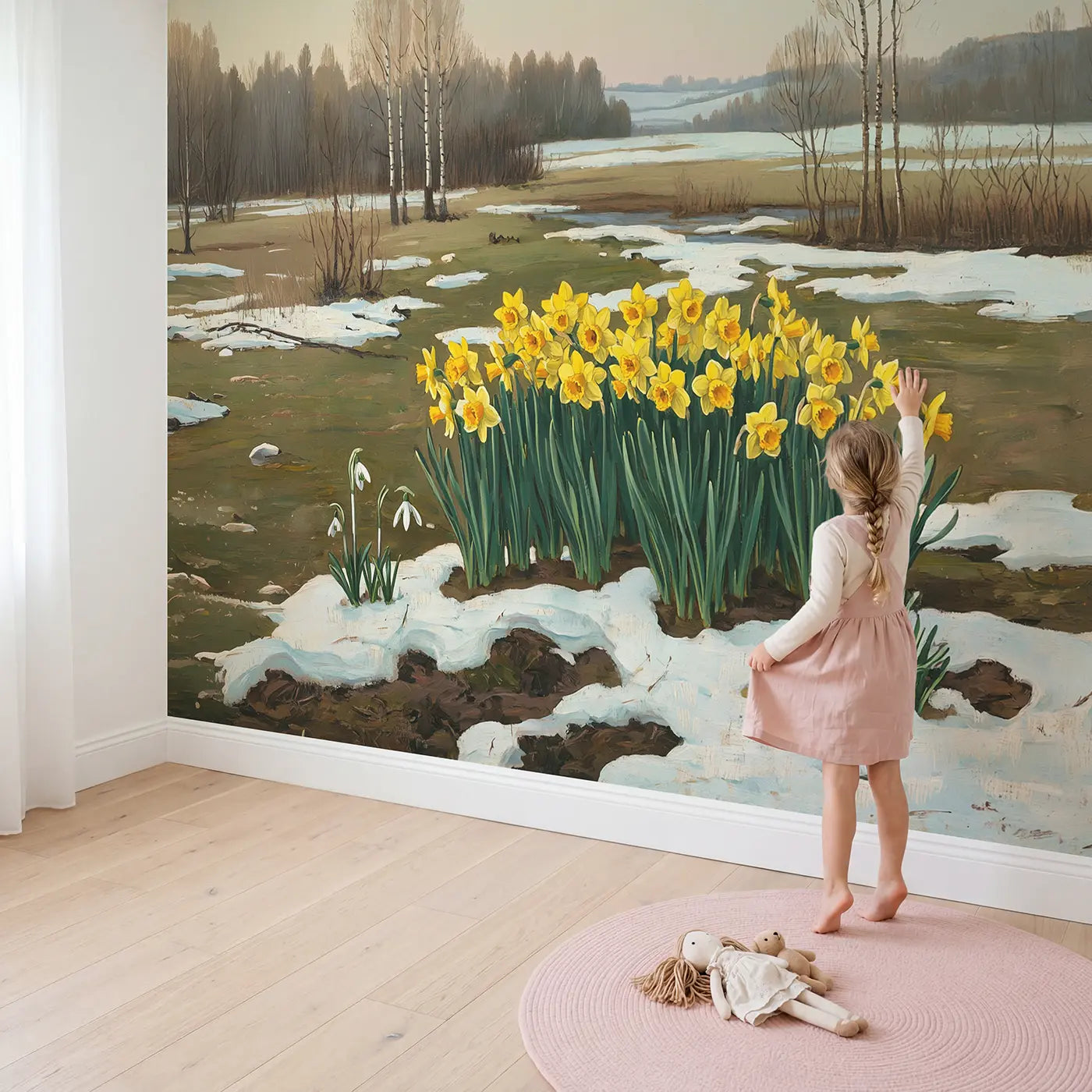 Child in nursery with Daffodil Patch in Late Snow Wallpaper Mural by Whimsy Tots
