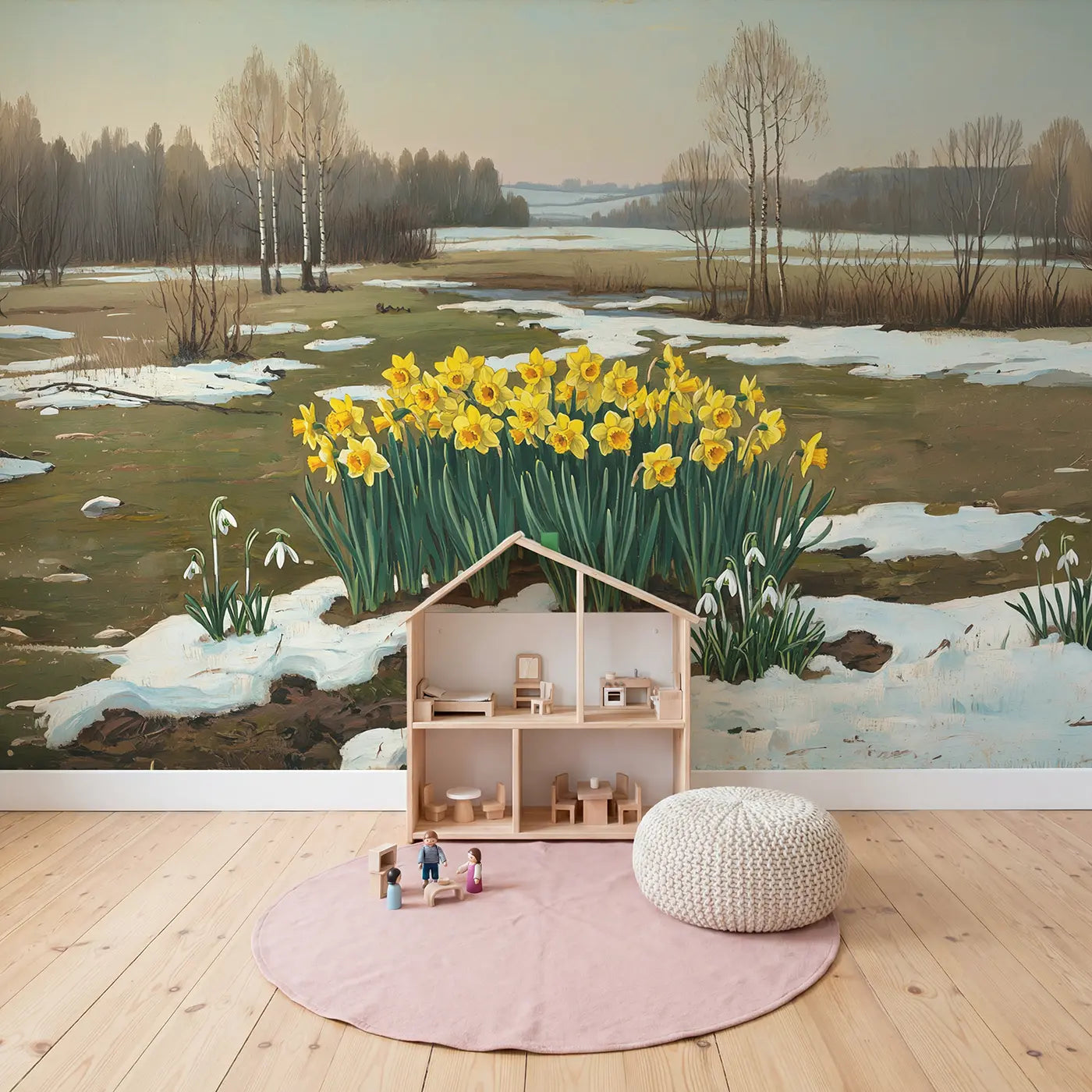 Daffodil Patch in Late Snow Wallpaper Mural in playroom setting by Whimsy Tots