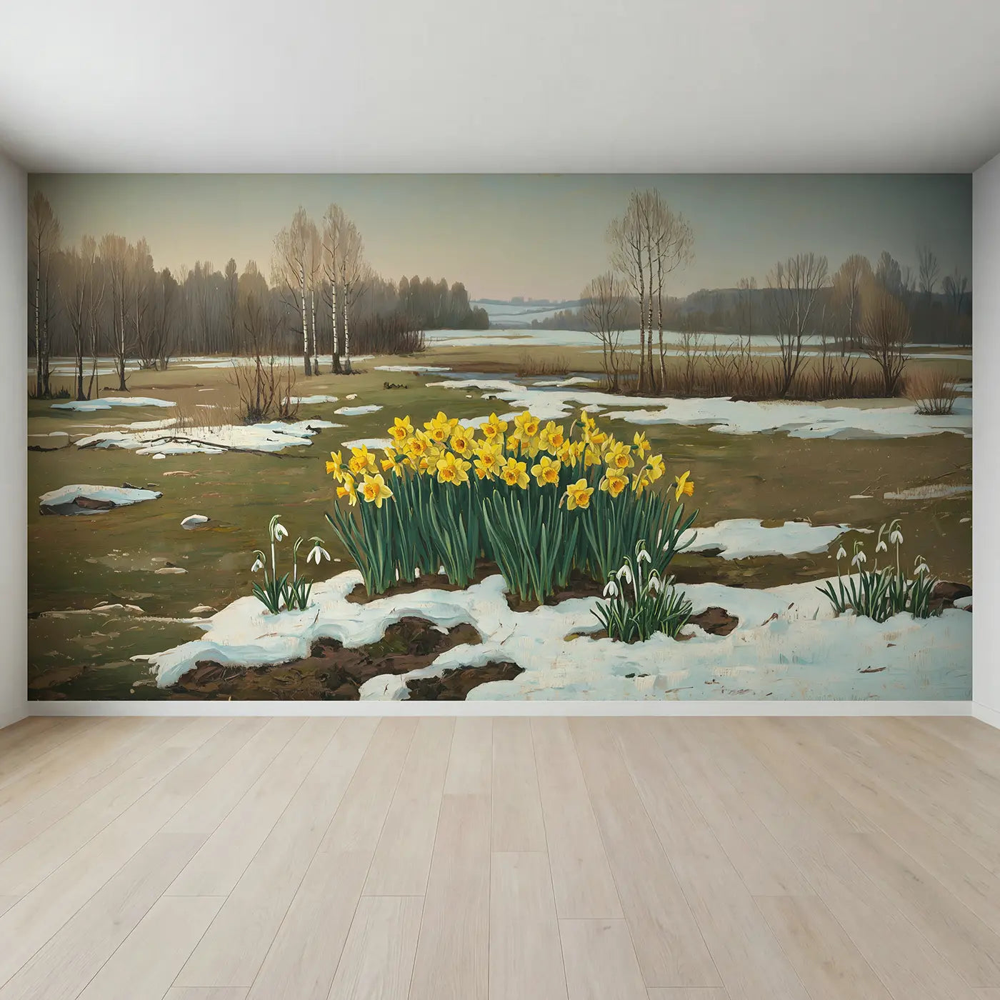 Full view of Daffodil Patch in Late Snow Wallpaper Mural by Whimsy Tots