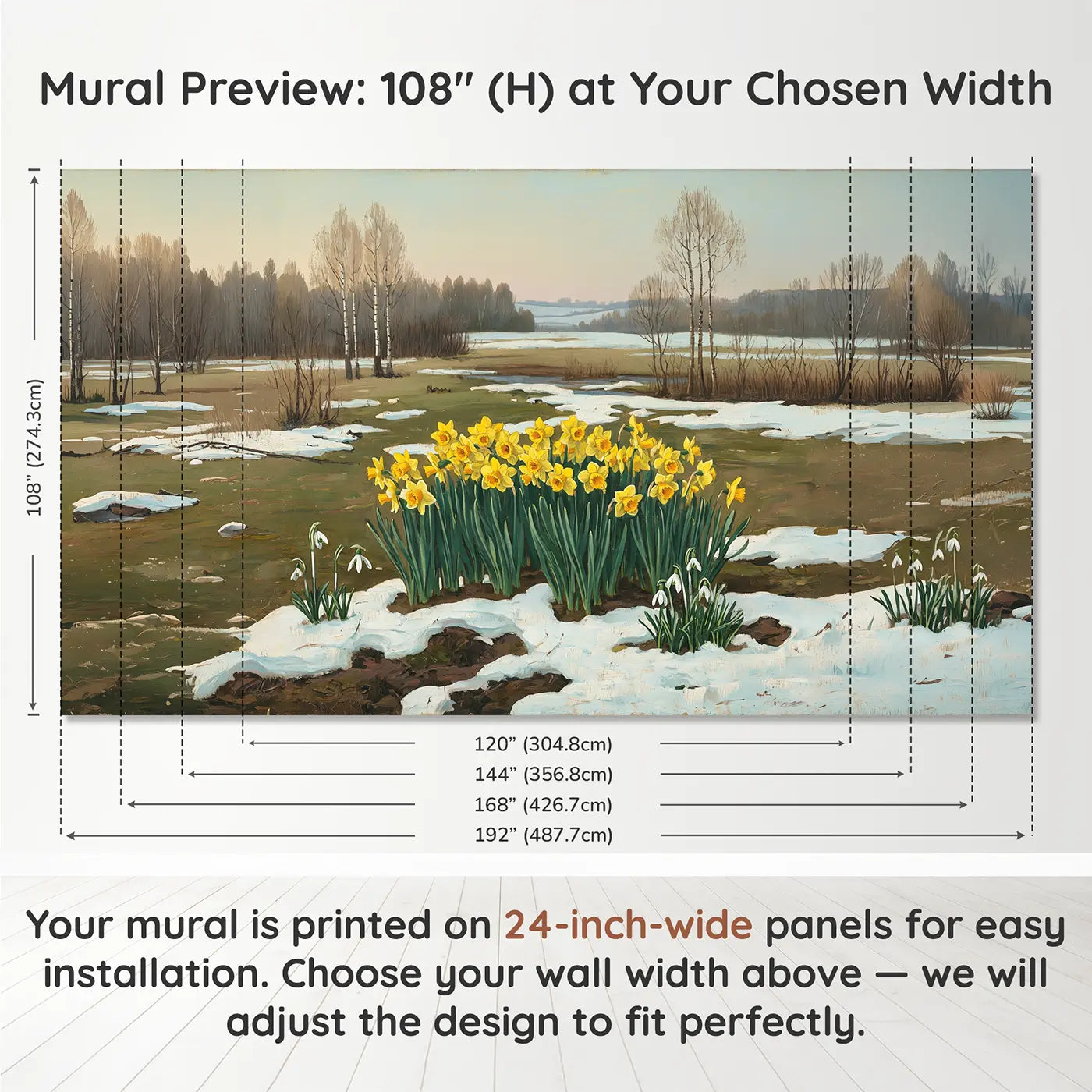 Panel layout and dimensions for Daffodil Patch in Late Snow Wallpaper Mural by Whimsy Tots