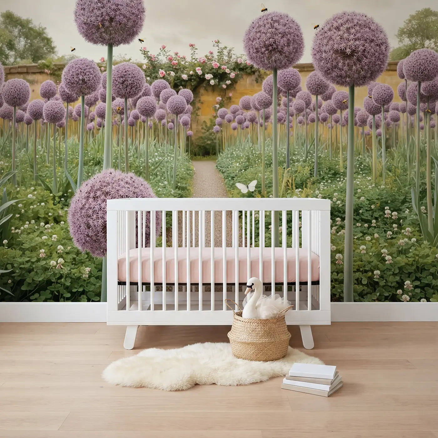 Soft Pastel giant allium garden wallpaper mural for girls room by Whimsy Tots
