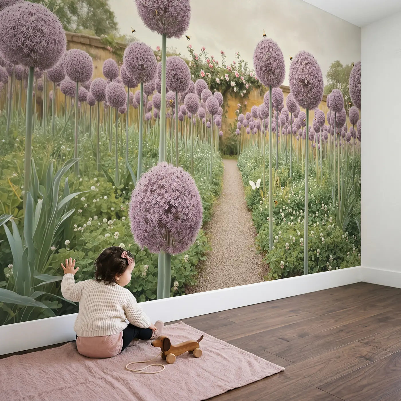 Child in nursery with Giant Allium Garden Wallpaper Mural by Whimsy Tots