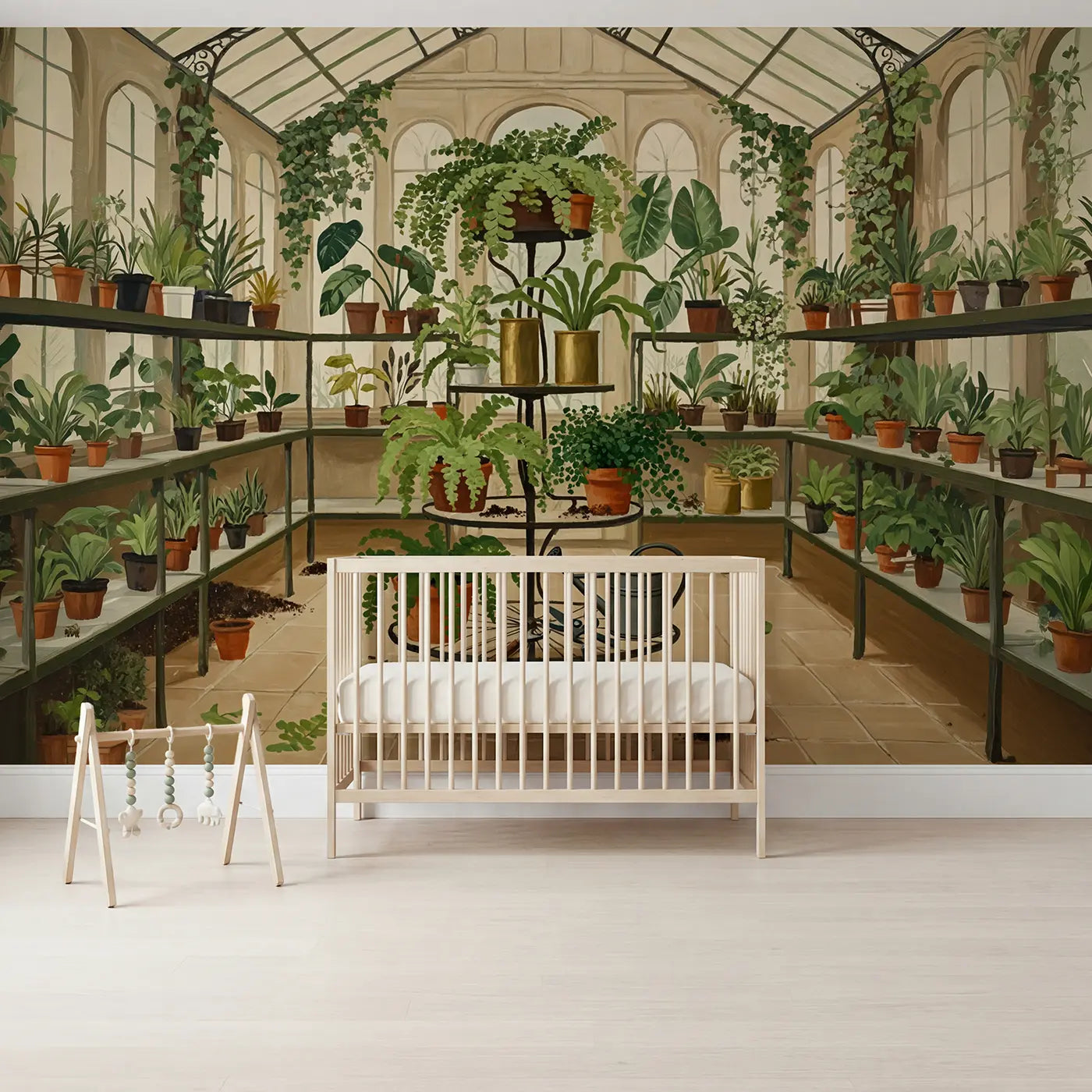 Modern illustration Victorian fern conservatory wallpaper mural for kids room by Whimsy Tots
