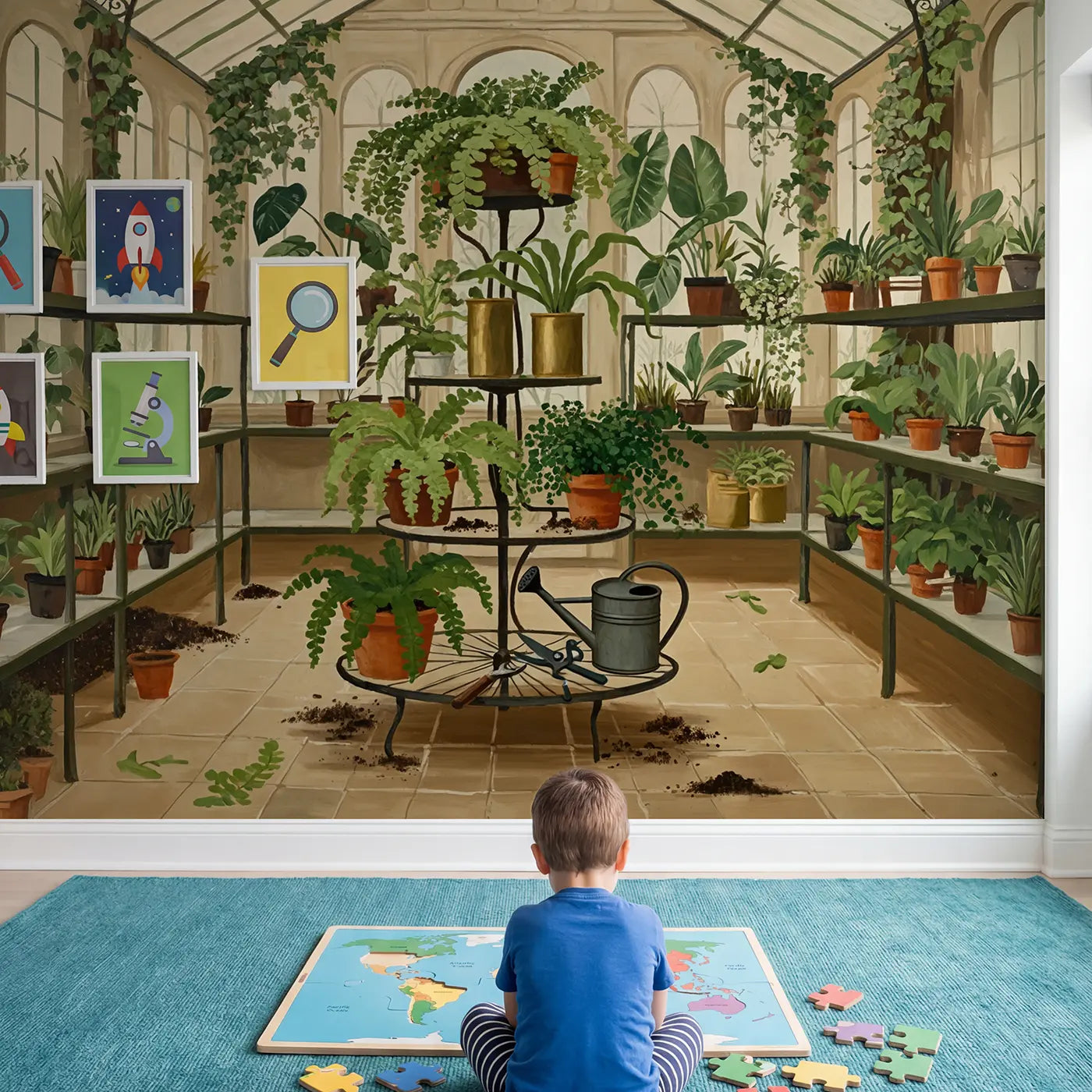Child in nursery with Victorian Fern Conservatory Wallpaper Mural by Whimsy Tots