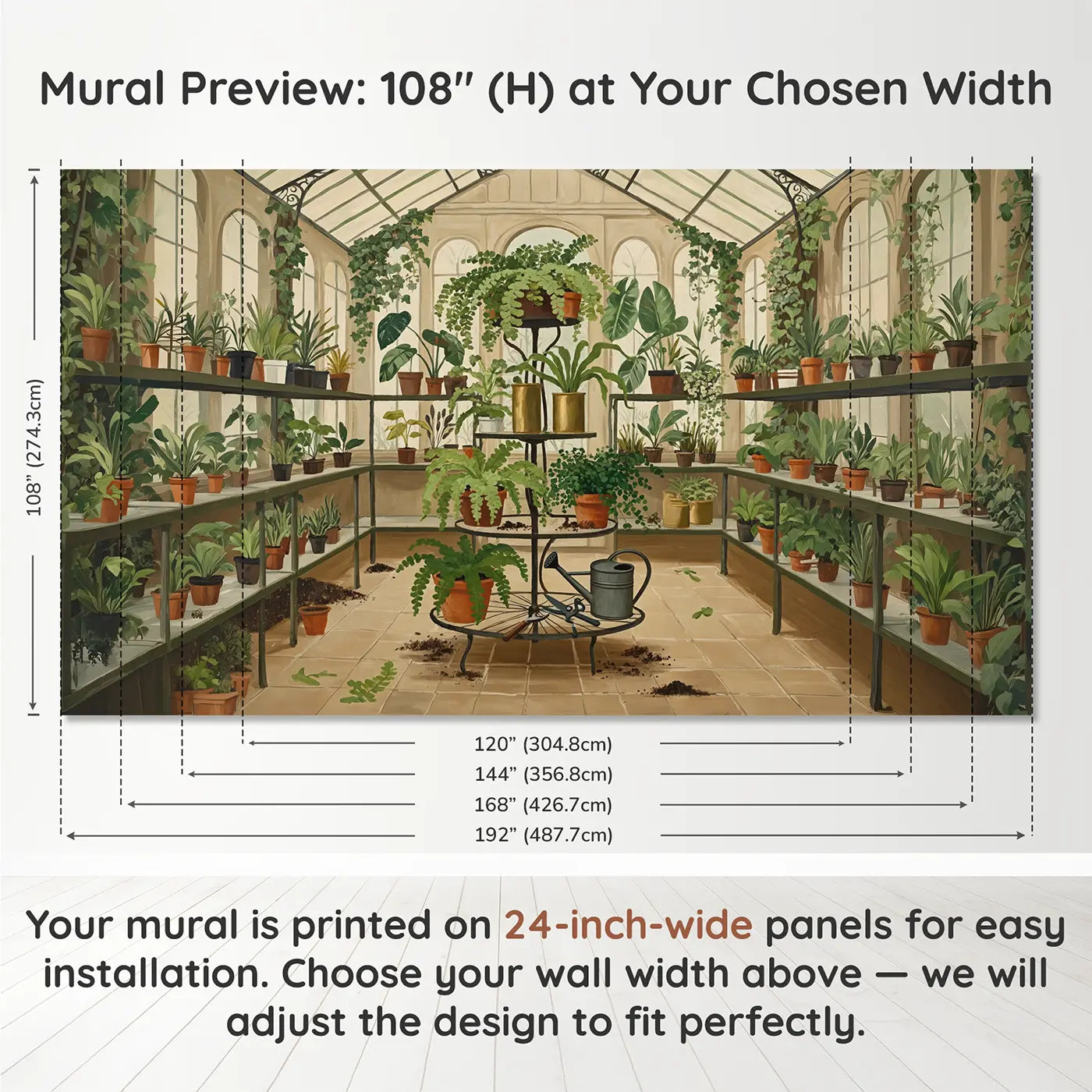 Panel layout and dimensions for Victorian Fern Conservatory Wallpaper Mural by Whimsy Tots