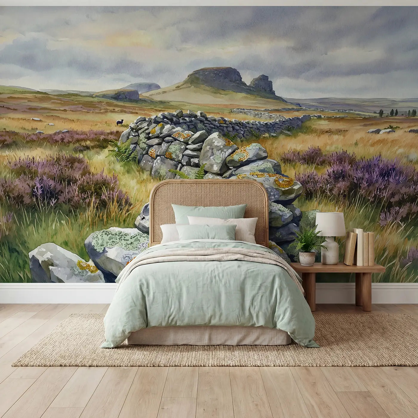 Watercolor lichen stone wall moorland wallpaper mural for kids room by Whimsy Tots