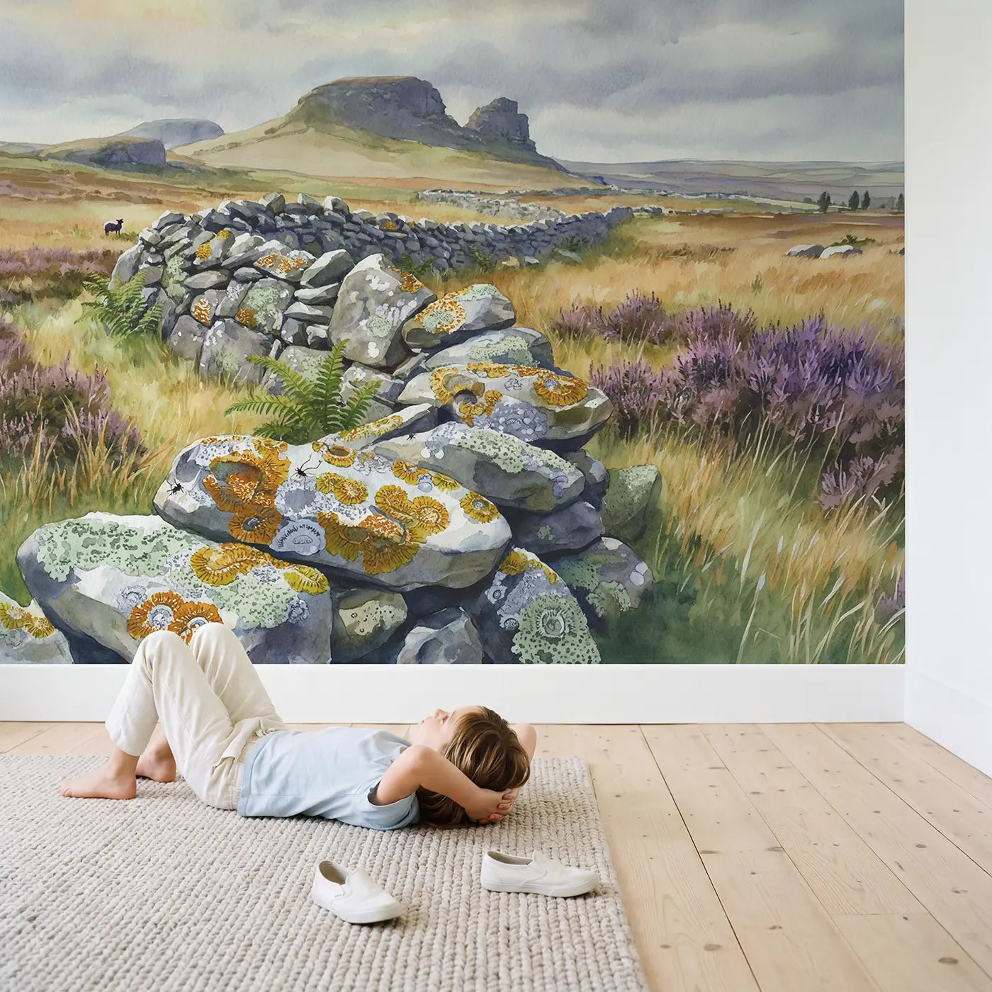 Child in nursery with Lichen Stone Wall Moorland Wallpaper Mural by Whimsy Tots