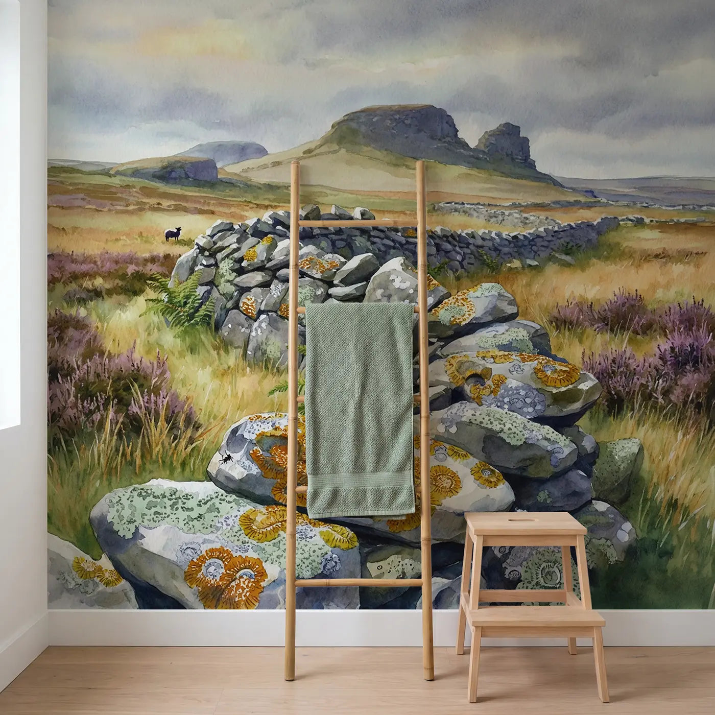Lichen Stone Wall Moorland Wallpaper Mural in playroom setting by Whimsy Tots