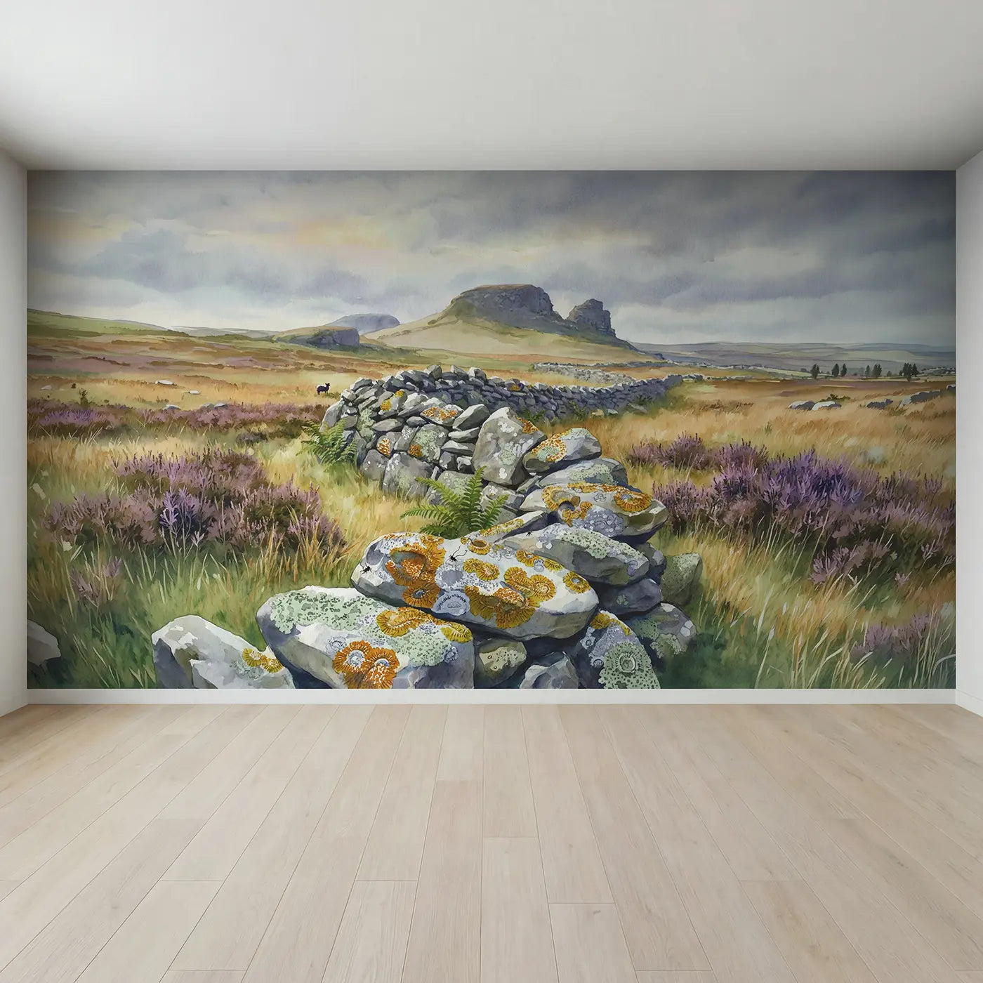 Full view of Lichen Stone Wall Moorland Wallpaper Mural by Whimsy Tots