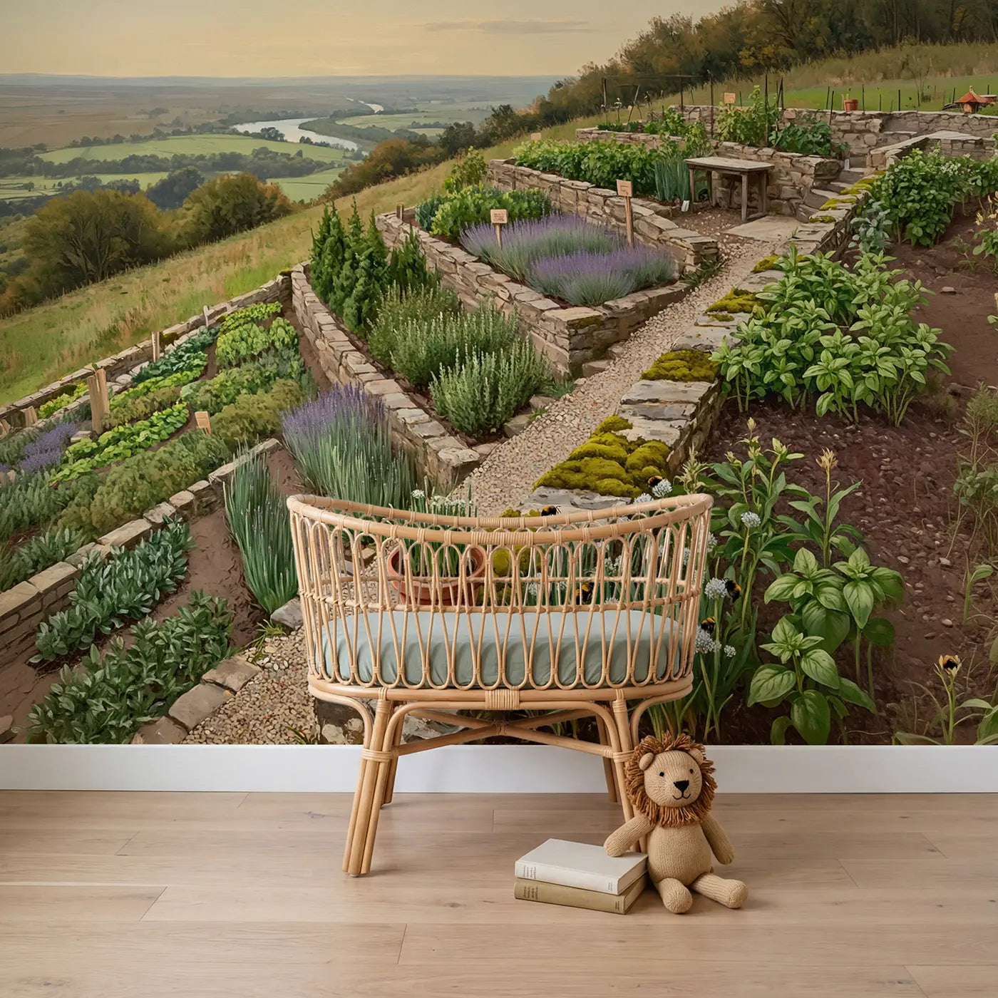 painted hillside herb terrace garden wallpaper mural for boys nursery by Whimsy Tots
