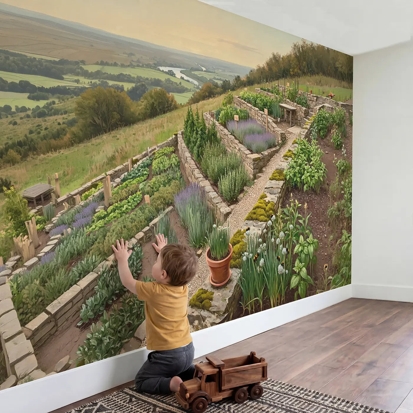 Child in nursery with Hillside Herb Terrace Wallpaper Mural by Whimsy Tots