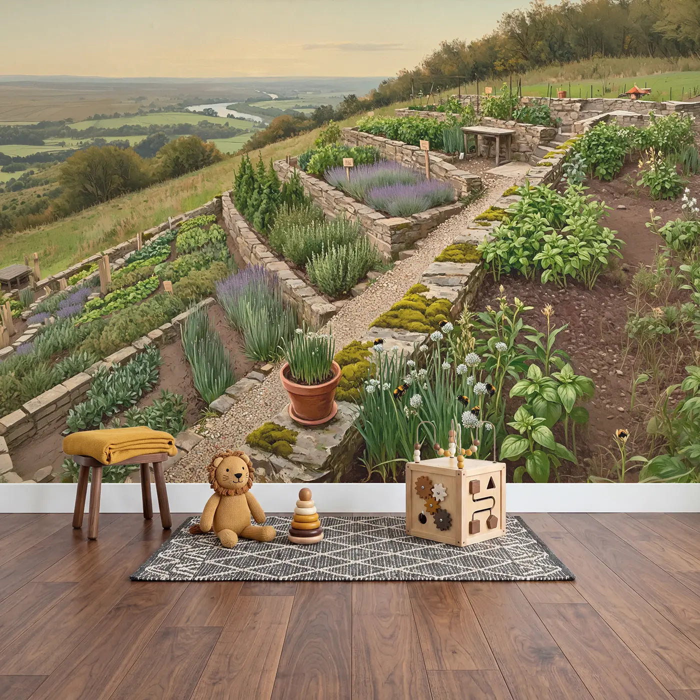 Hillside Herb Terrace Wallpaper Mural in playroom setting by Whimsy Tots