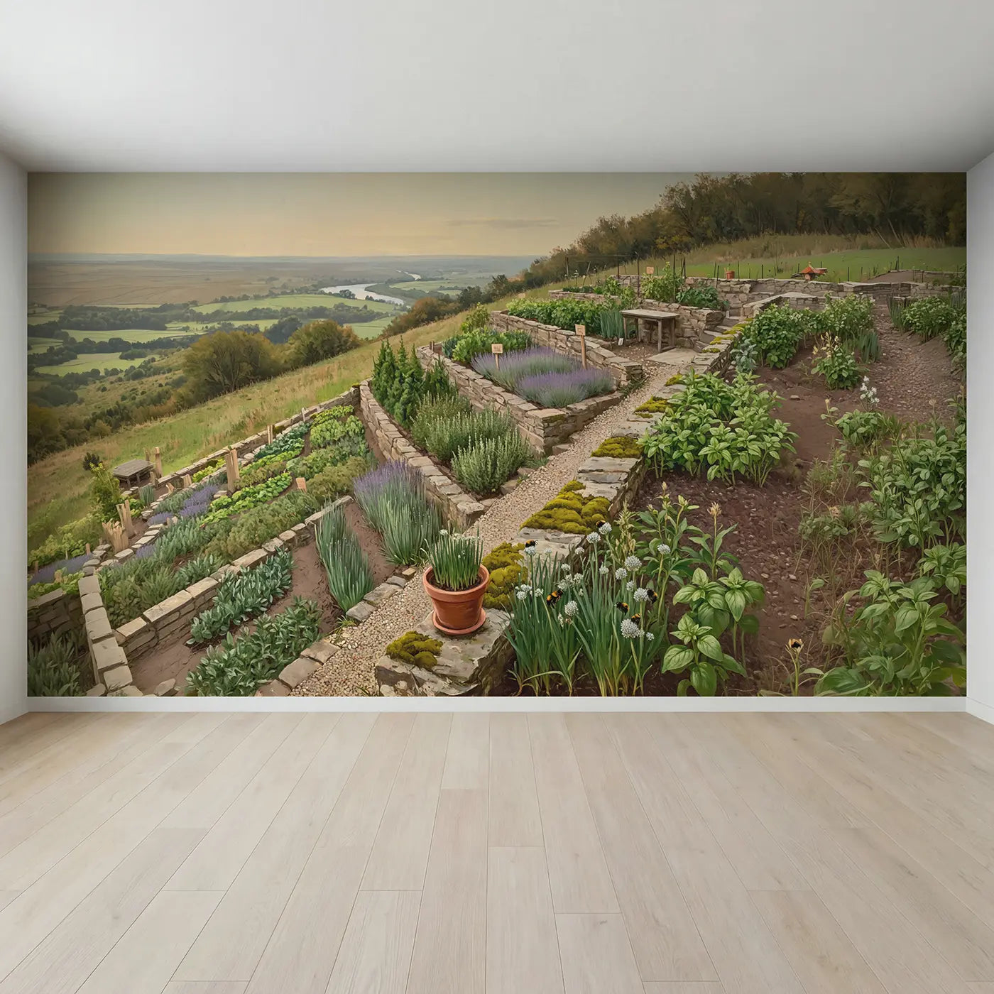 Full view of Hillside Herb Terrace Wallpaper Mural by Whimsy Tots