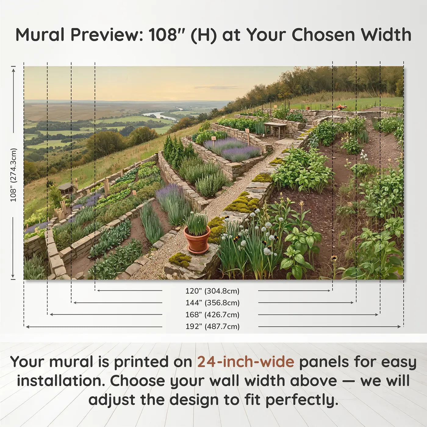 Panel layout and dimensions for Hillside Herb Terrace Wallpaper Mural by Whimsy Tots