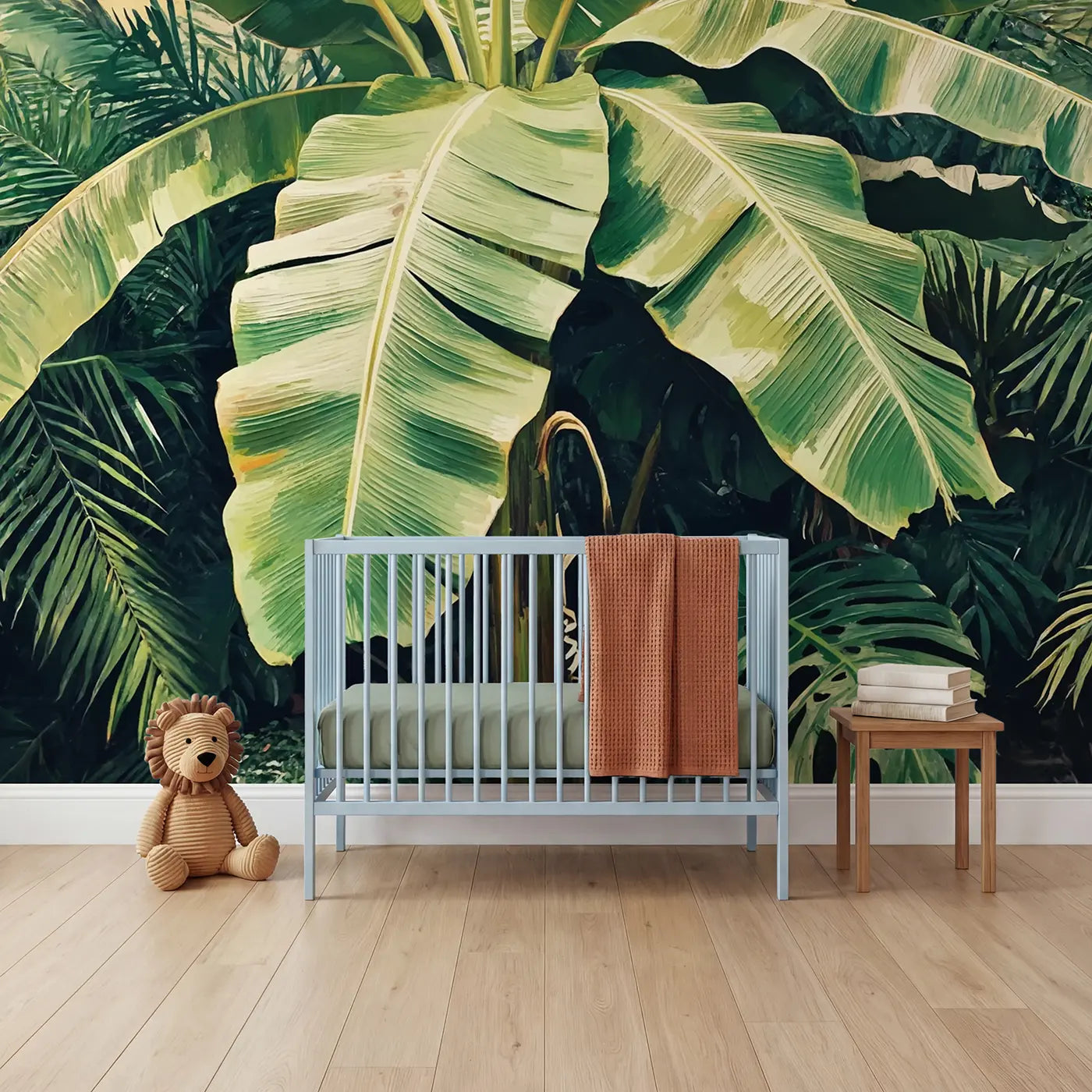 Soft pastel tropical banana leaf close up wallpaper mural for nursery by Whimsy Tots
