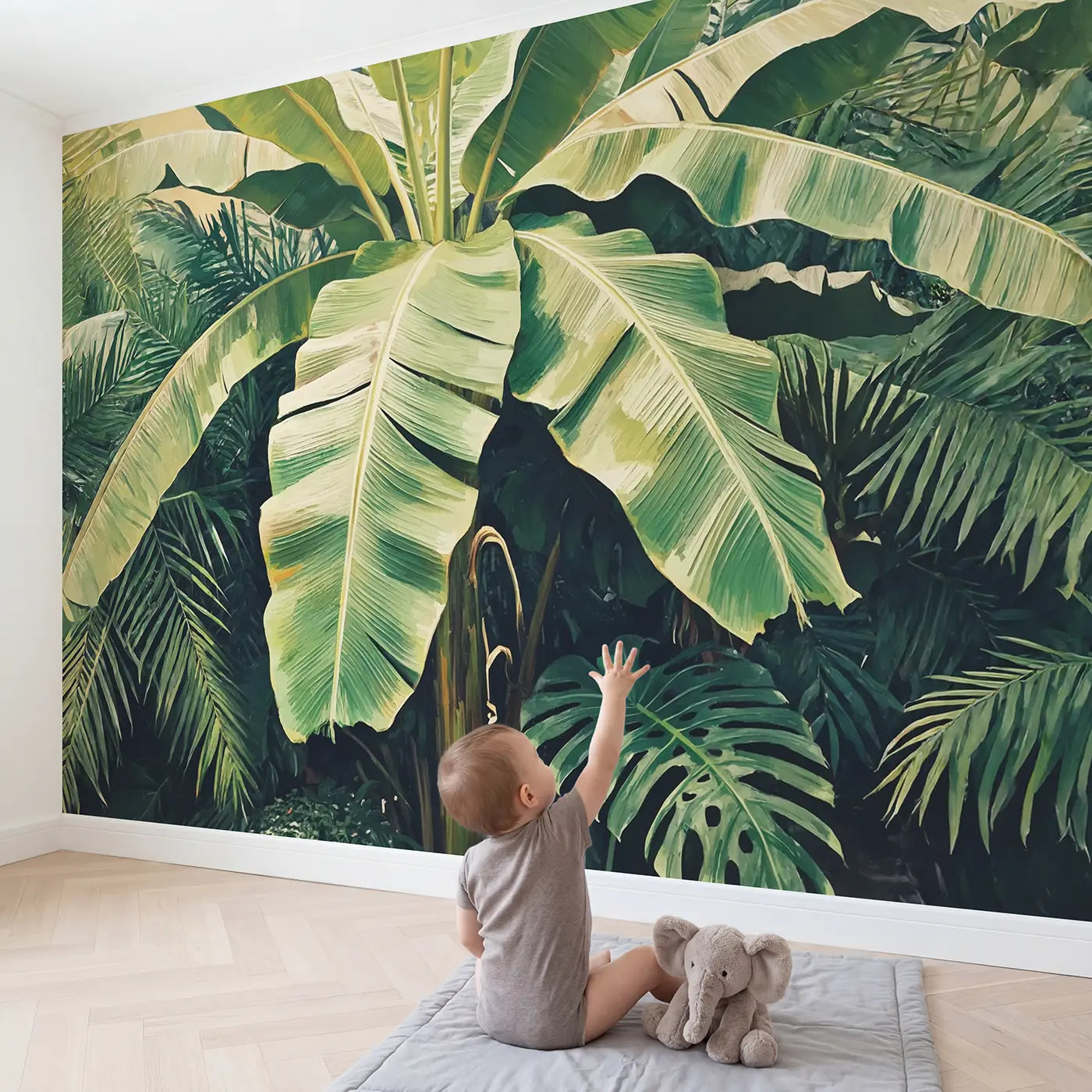 Child in nursery with Tropical Banana Leaf Close Up Wallpaper Mural by Whimsy Tots