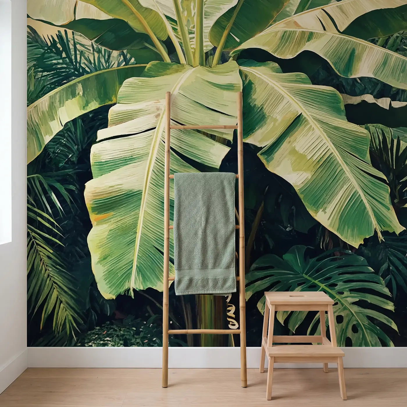 Tropical Banana Leaf Close Up Wallpaper Mural in playroom setting by Whimsy Tots