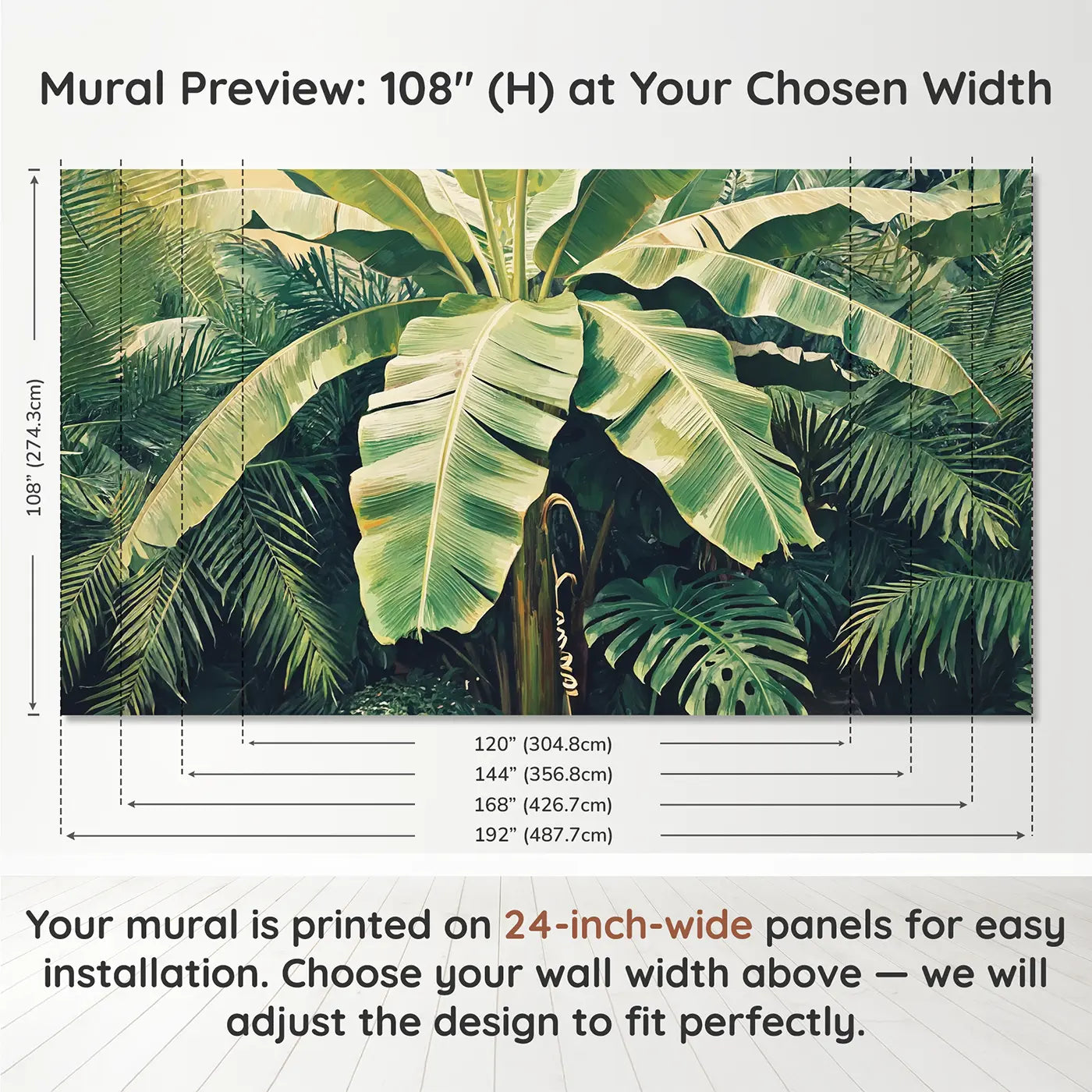 Panel layout and dimensions for Tropical Banana Leaf Close Up Wallpaper Mural by Whimsy Tots