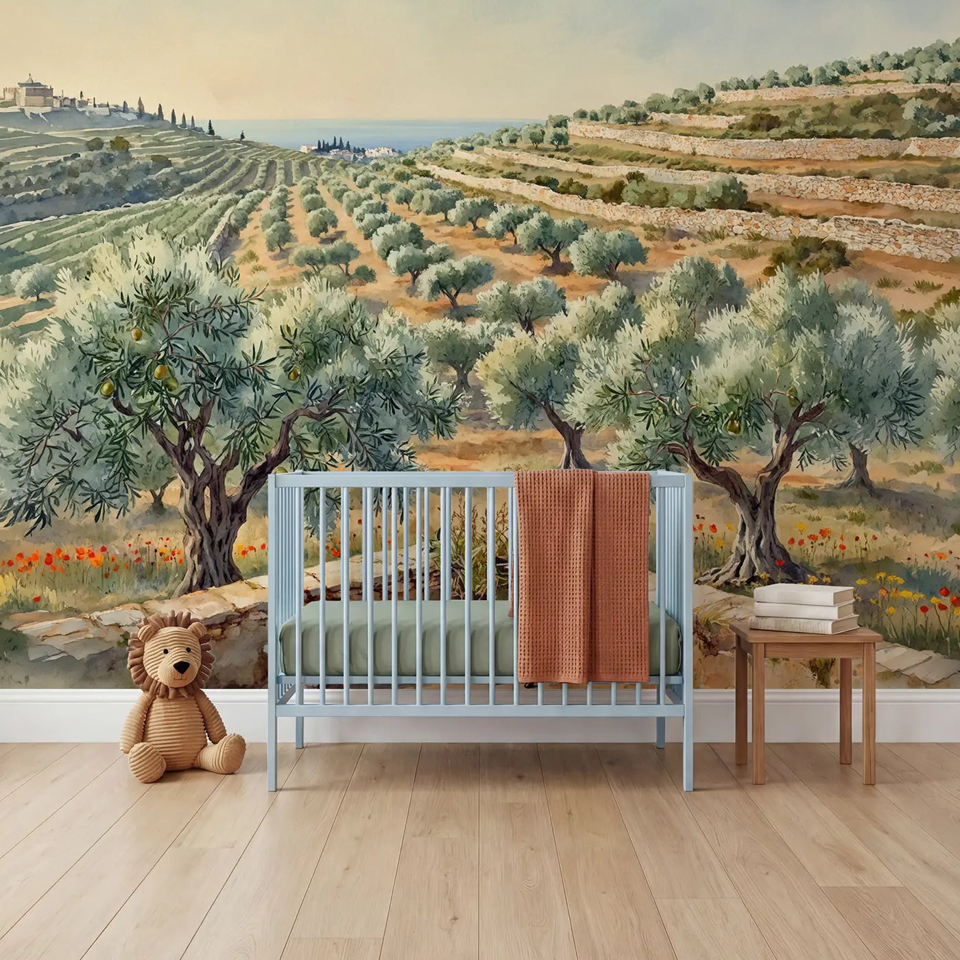 Watercolor Mediterranean olive grove terraced hillside wallpaper mural for kids room by Whimsy Tots
