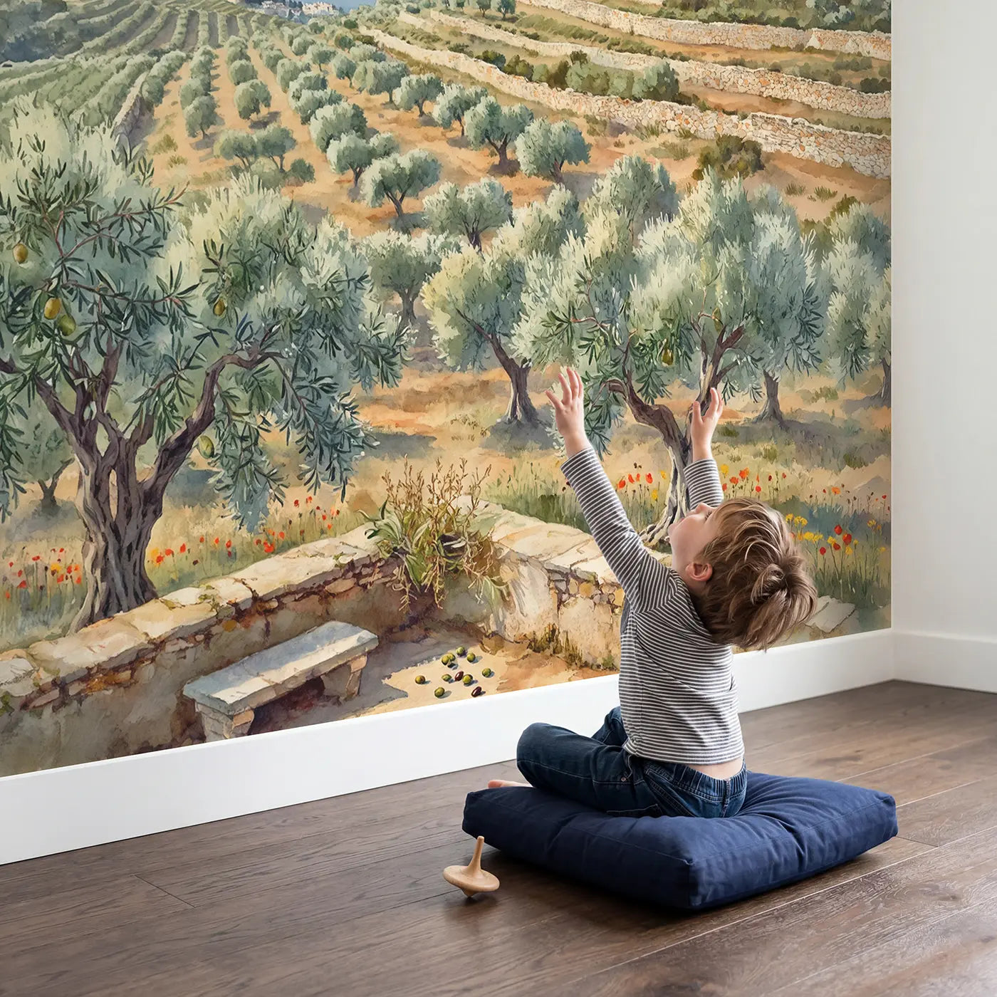 Child in nursery with Mediterranean Olive Grove Wallpaper Mural by Whimsy Tots