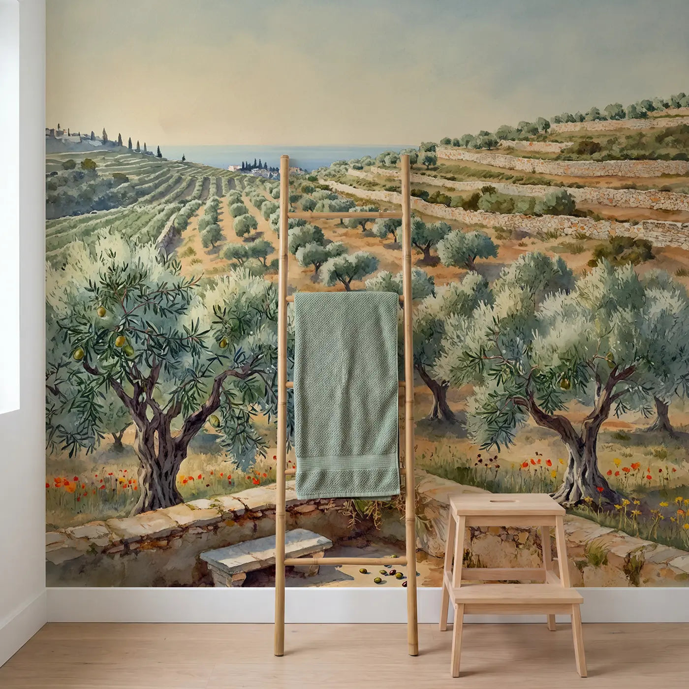 Mediterranean Olive Grove Wallpaper Mural in playroom setting by Whimsy Tots