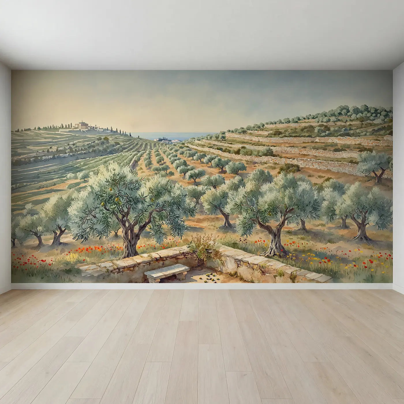 Full view of Mediterranean Olive Grove Wallpaper Mural by Whimsy Tots
