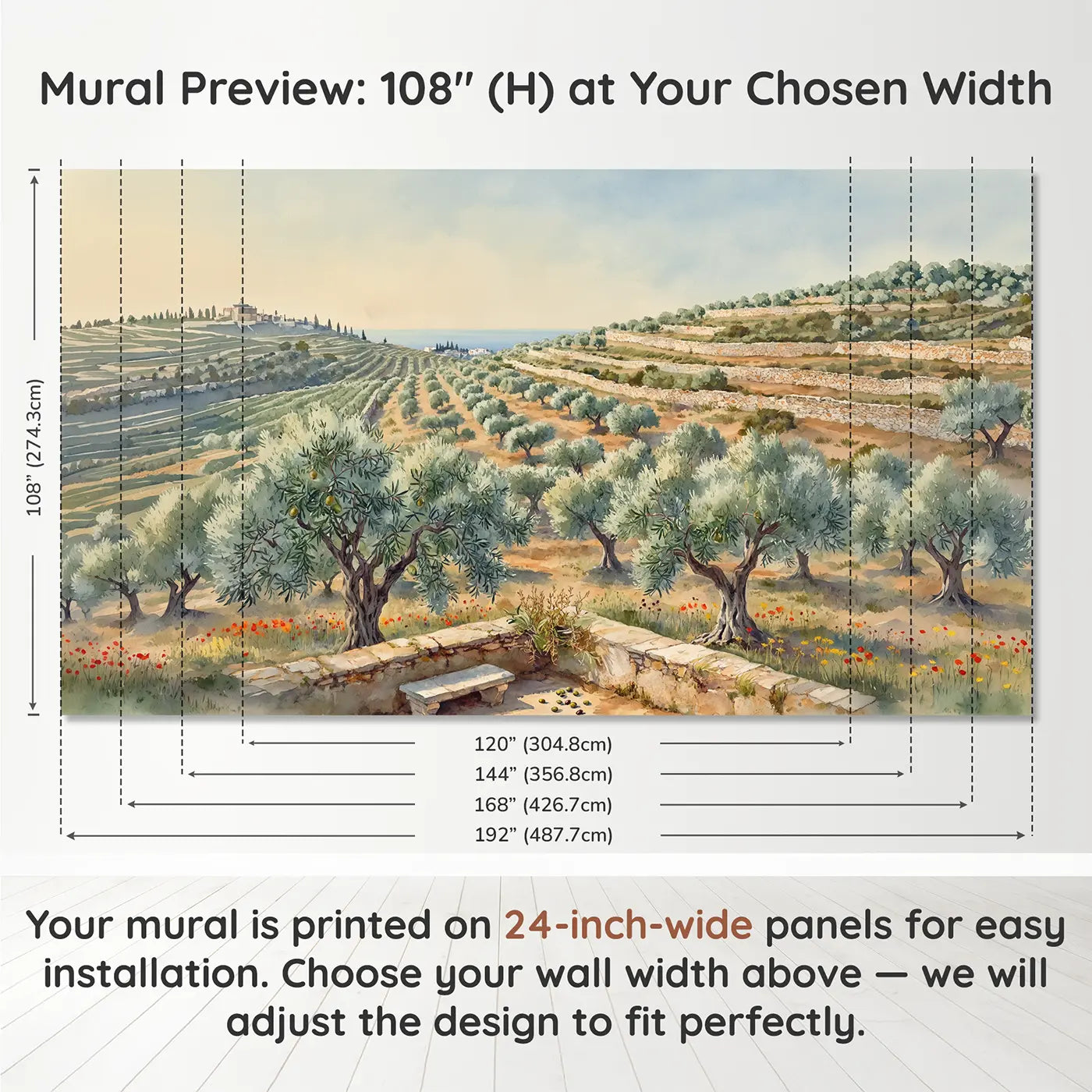 Panel layout and dimensions for Mediterranean Olive Grove Wallpaper Mural by Whimsy Tots