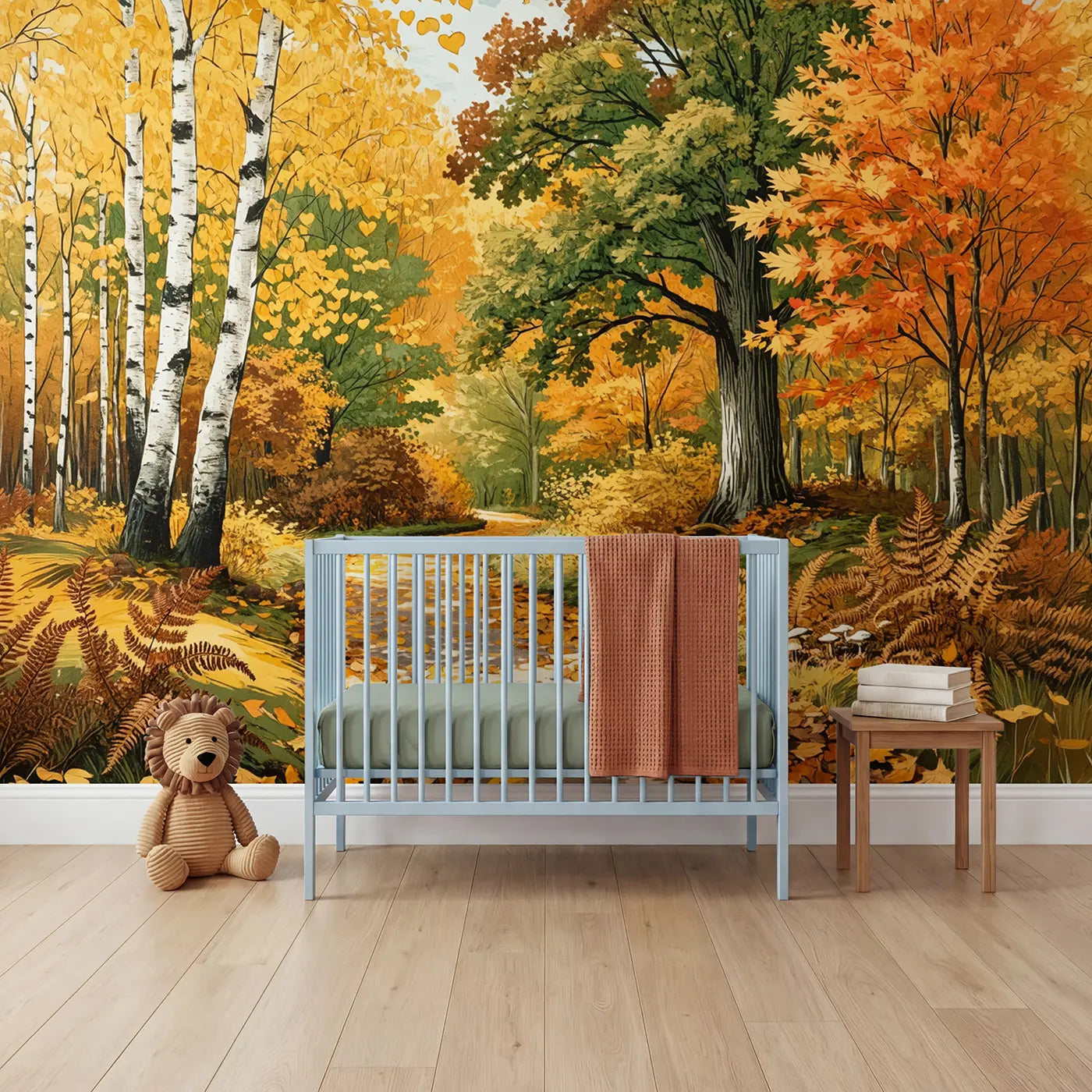Block print autumn woodland canopy leaf wallpaper mural for kids room by Whimsy Tots