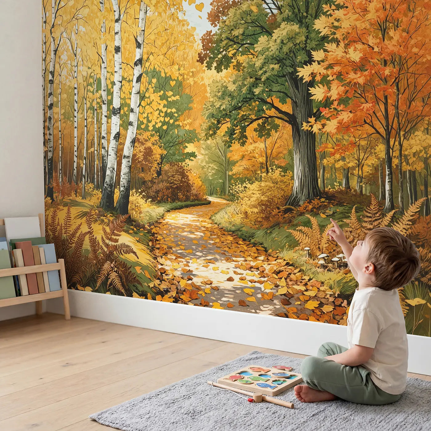 Child in nursery with Autumn Woodland Canopy Wallpaper Mural by Whimsy Tots